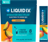 Liquid I.V. empaque frontal mango mostrando 16 sobres, fácil transporte