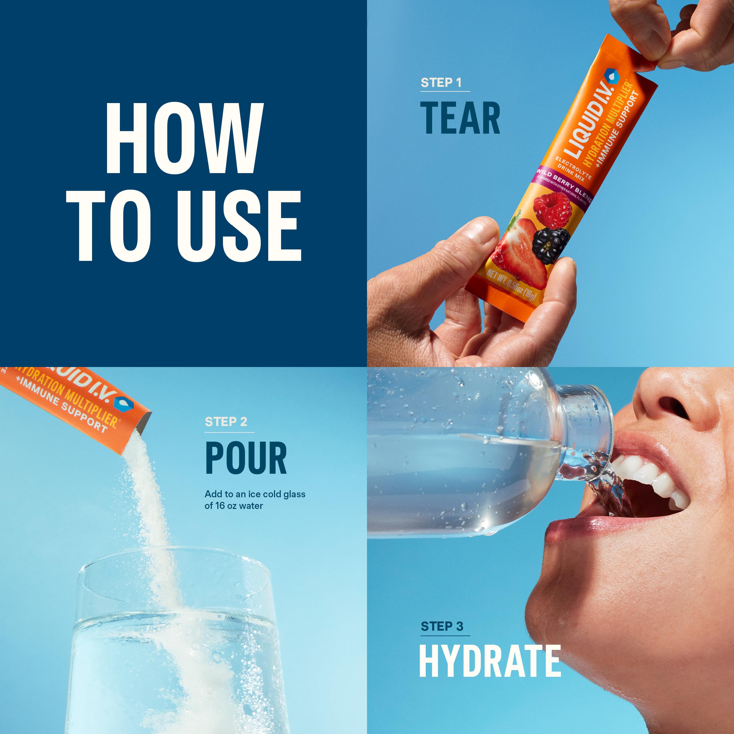 Liquid I.V. mezcla disuelta en vaso de agua, hidratación rápida y refrescante