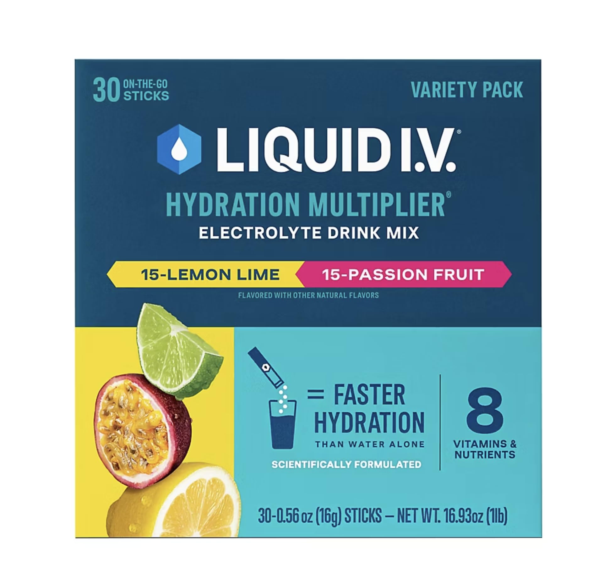 Liquid I.V. imagen frontal del paquete mostrando sabores y cantidad, hidratación rápida