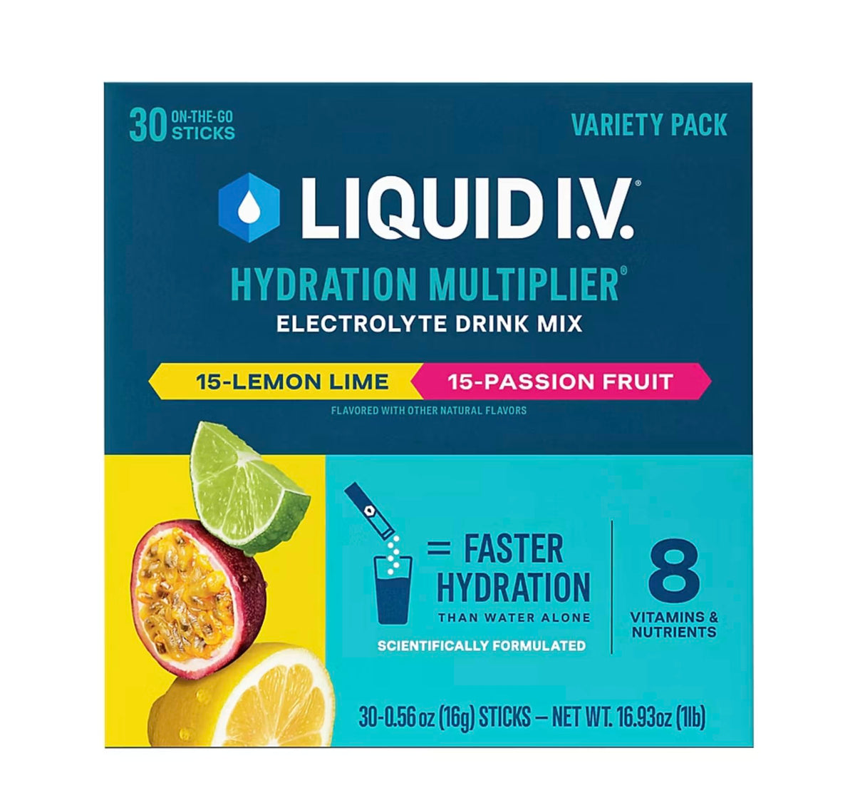 Liquid I.V. imagen frontal del paquete mostrando sabores y cantidad, hidratación rápida