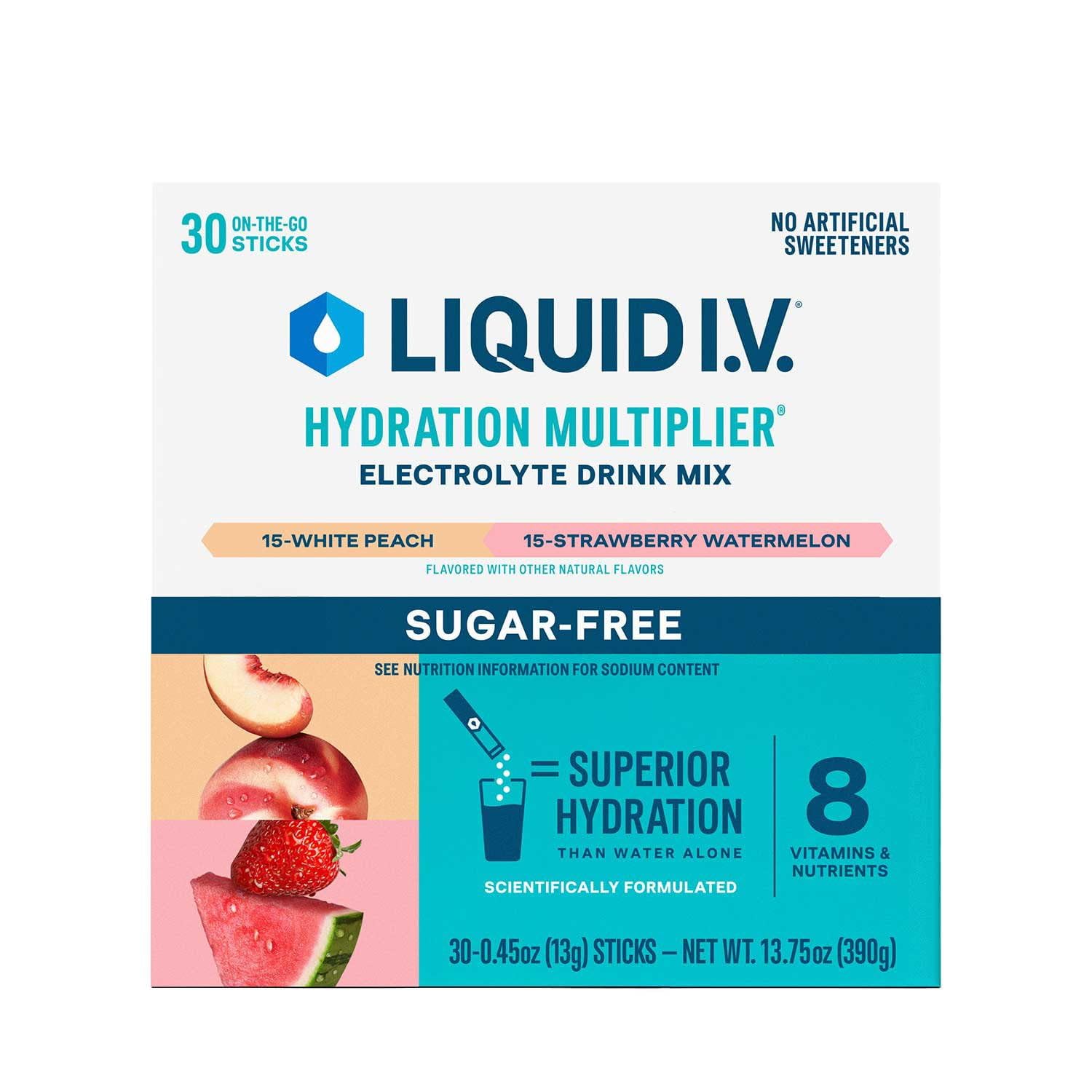 Liquid I.V. imagen frontal del pack mostrando 30 sobres y beneficios de hidratación