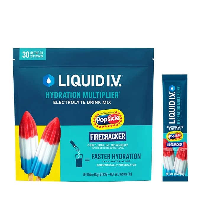 Liquid I.V. packs frente mostrando 30 sticks y conveniencia para viaje