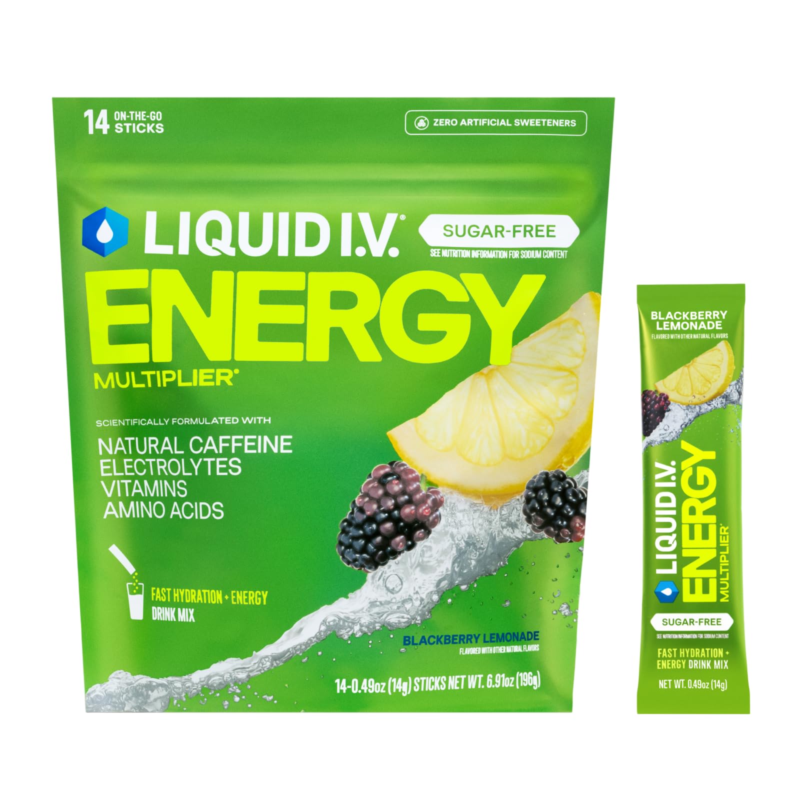 Liquid I.V. frente del empaque Blackberry Lemonade mostrando 14 sobres y beneficios