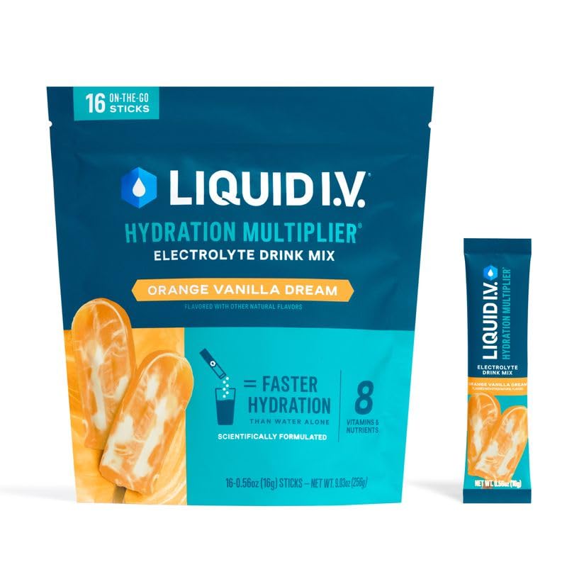 Liquid I.V. paquete delantero mostrando 16 sobres y diseño atractivo