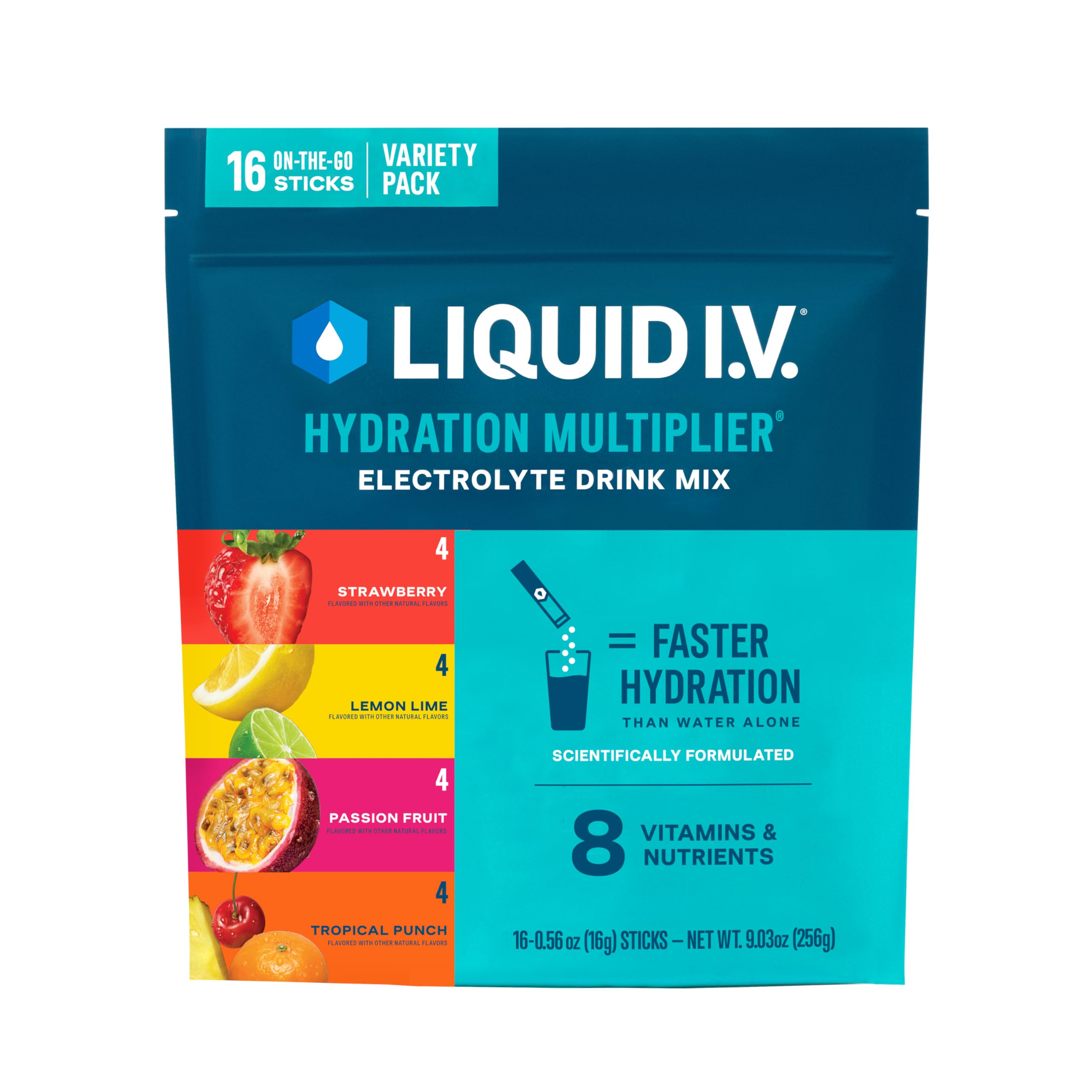 Liquid I.V. paquete frontal mostrando 16 sobres y beneficios de hidratación