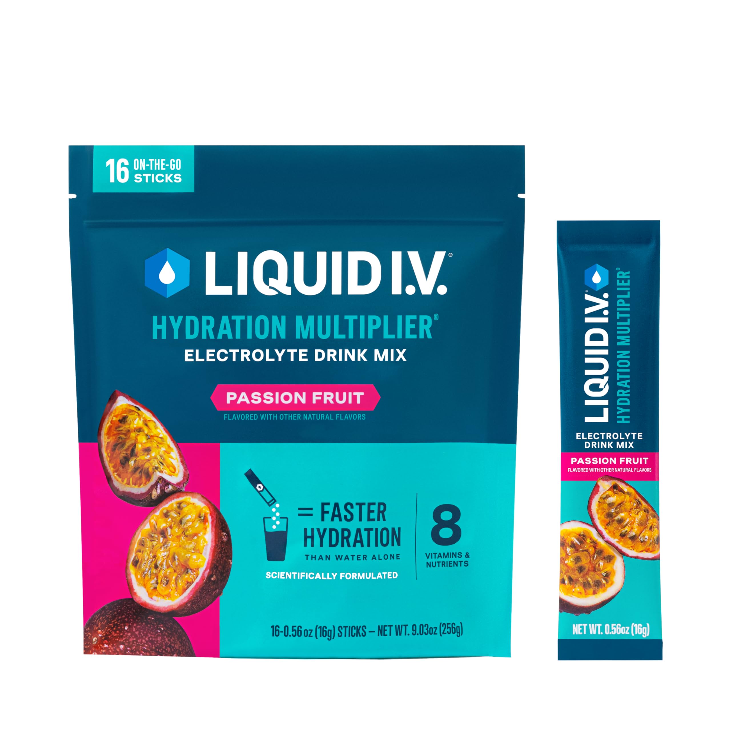 Liquid I.V. frente del empaque mostrando sobres y sabor maracuyá
