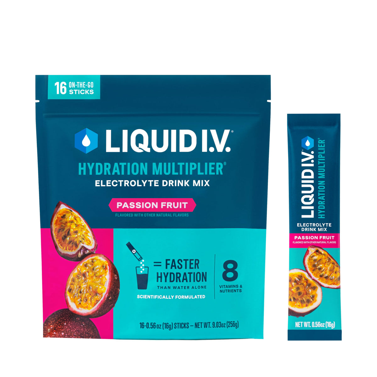 Liquid I.V. frente del empaque mostrando sobres y sabor maracuyá