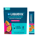 Liquid I.V. frente del empaque mostrando sobres y sabor maracuyá