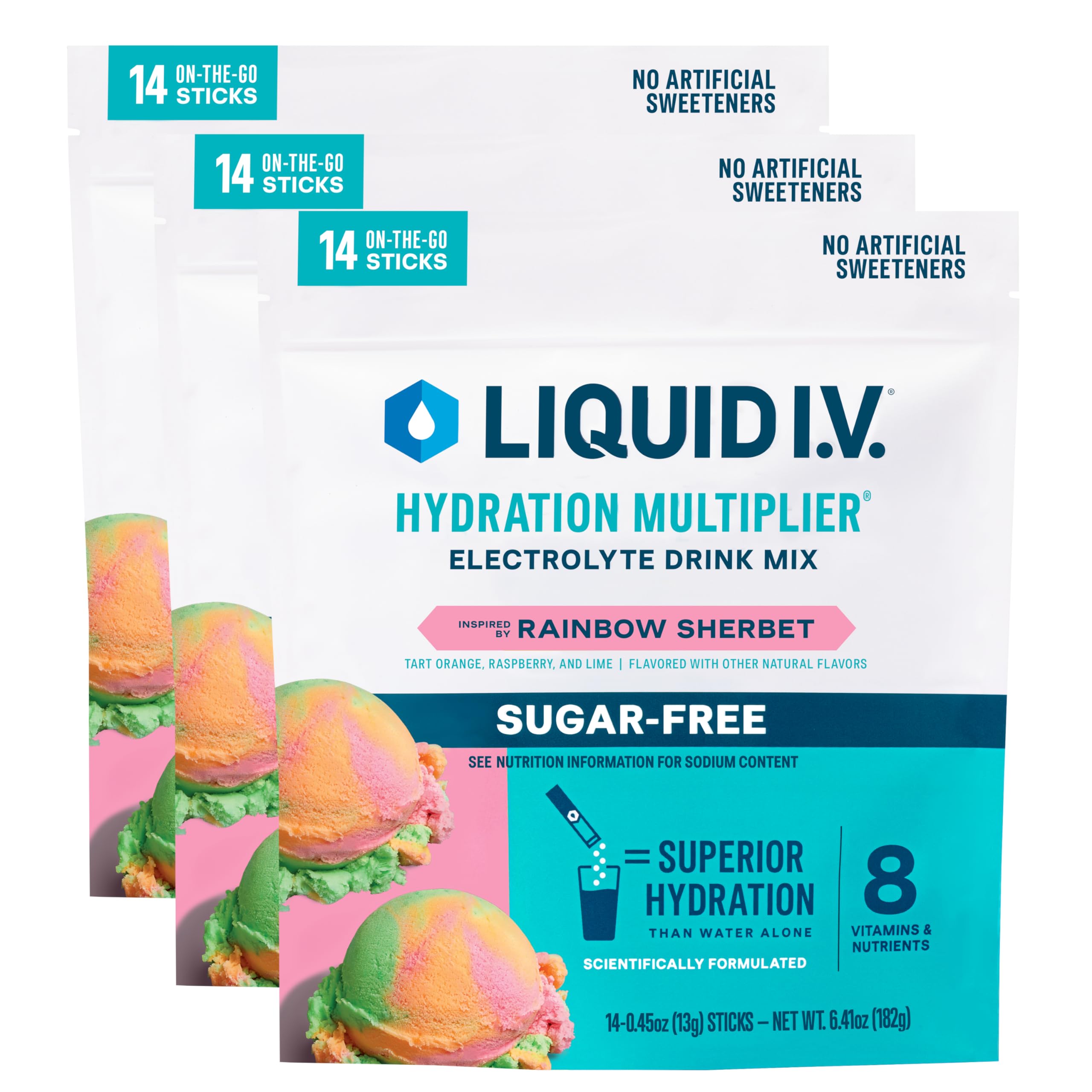 Liquid I.V. frente del empaque mostrando 42 sobres, comodidad de almacenamiento