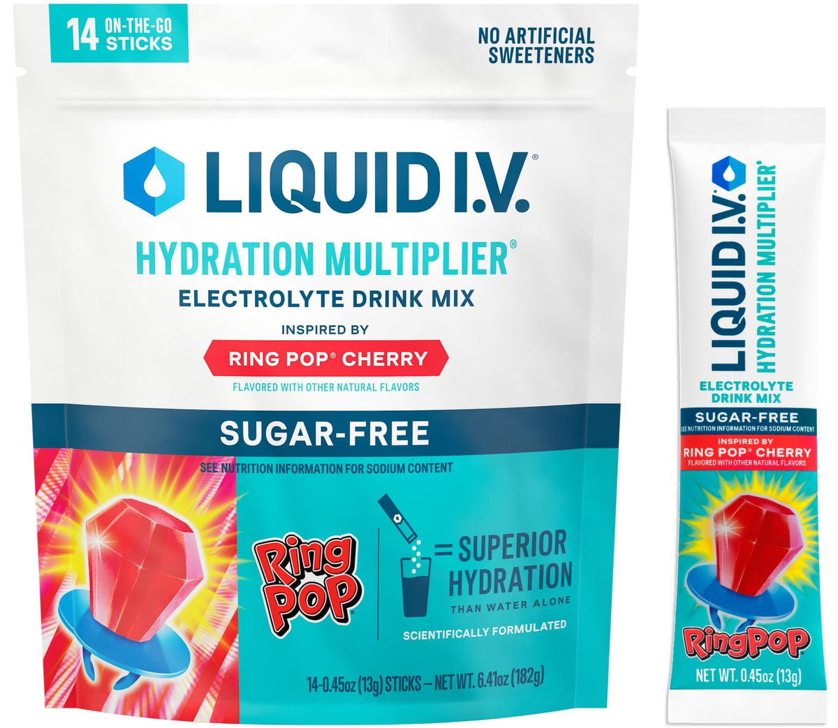 Liquid I.V. frente del empaque mostrando 14 sobres y ventaja portátil