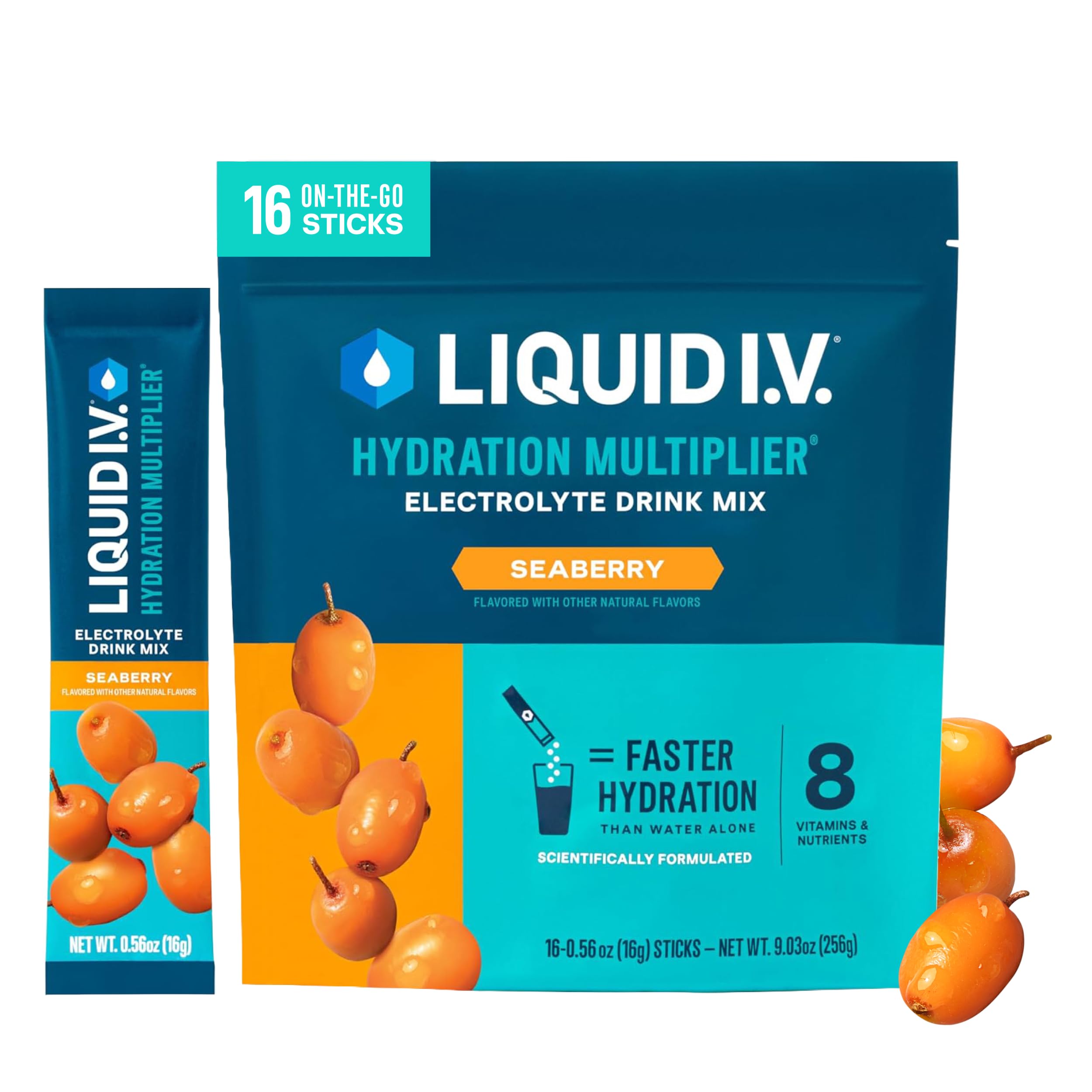 Liquid I.V. frente del empaque muestra sobres y beneficio conveniencia