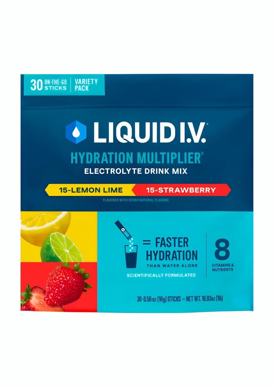 Liquid I.V. sobre abierto con polvo visible, facilita mezcla rápida y transporte