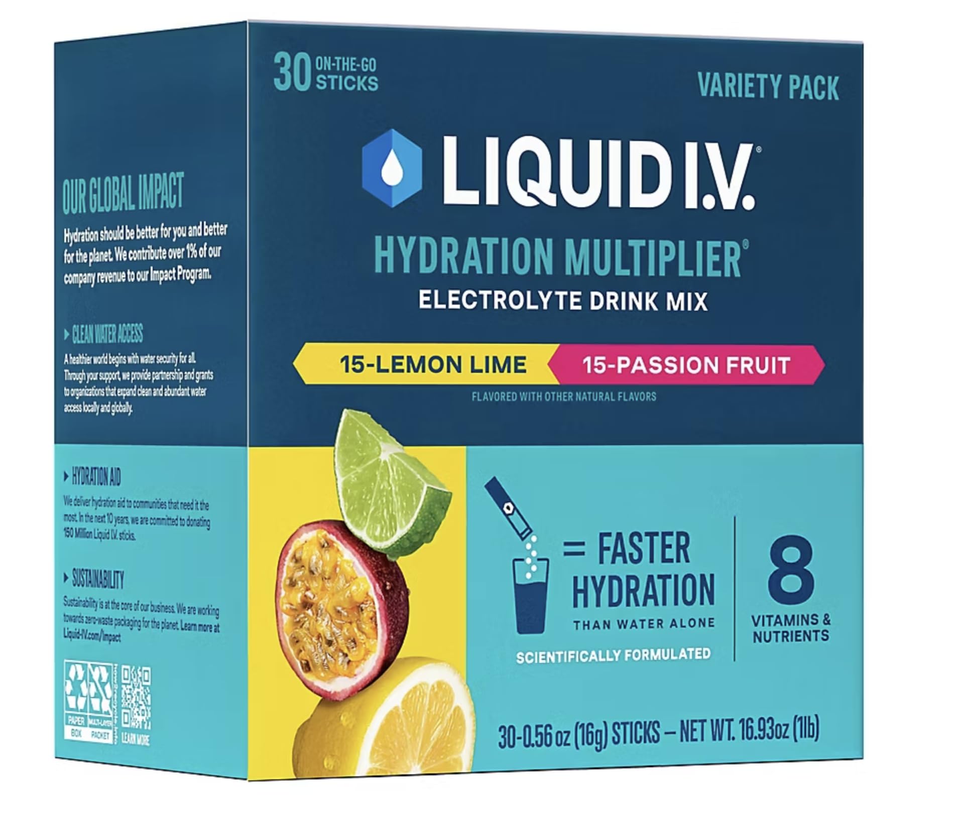 Liquid I.V. primer plano de un sobre abierto y textura del polvo, fácil de mezclar