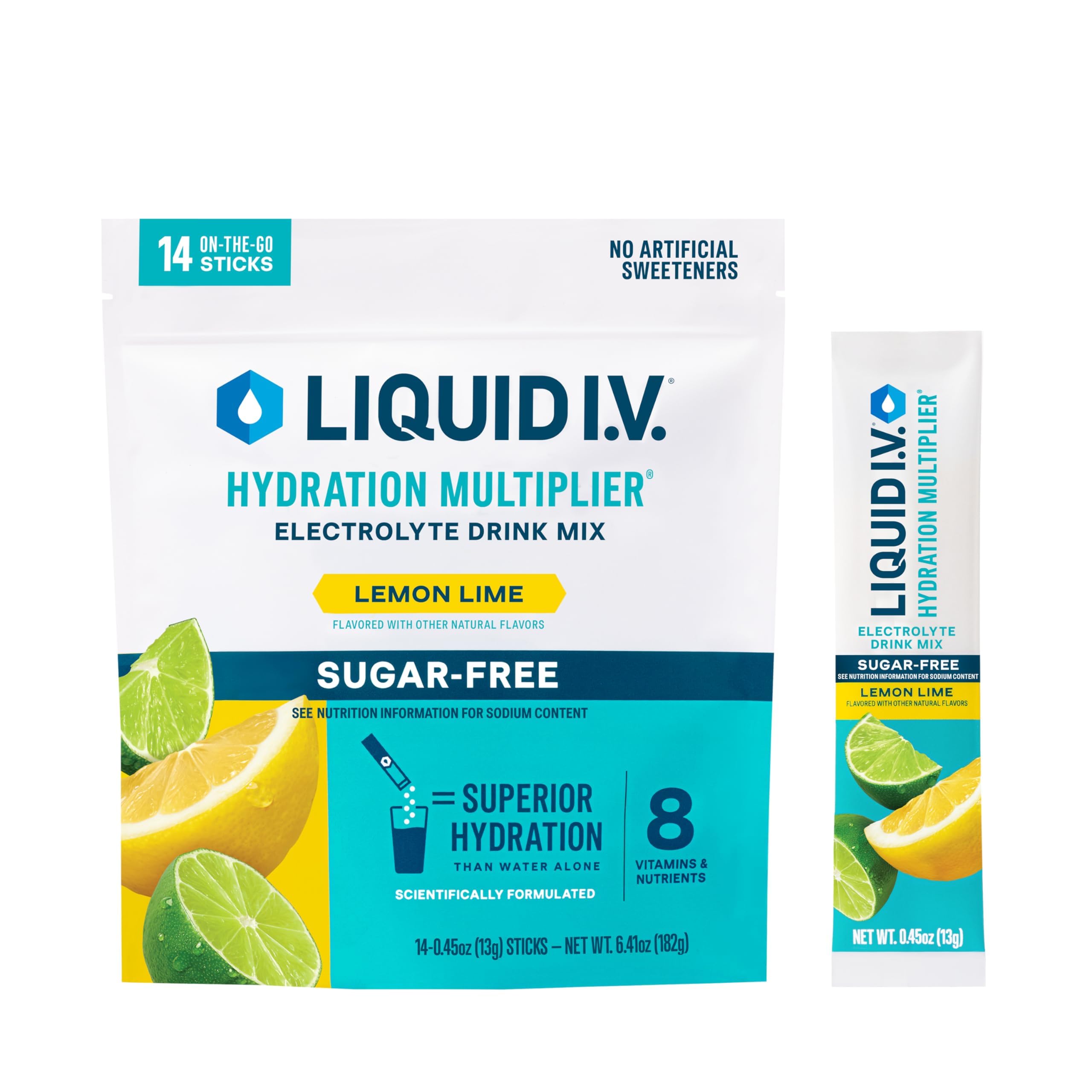Liquid I.V. sobre frente mostrando diseño y acceso rápido al sabor limón lima