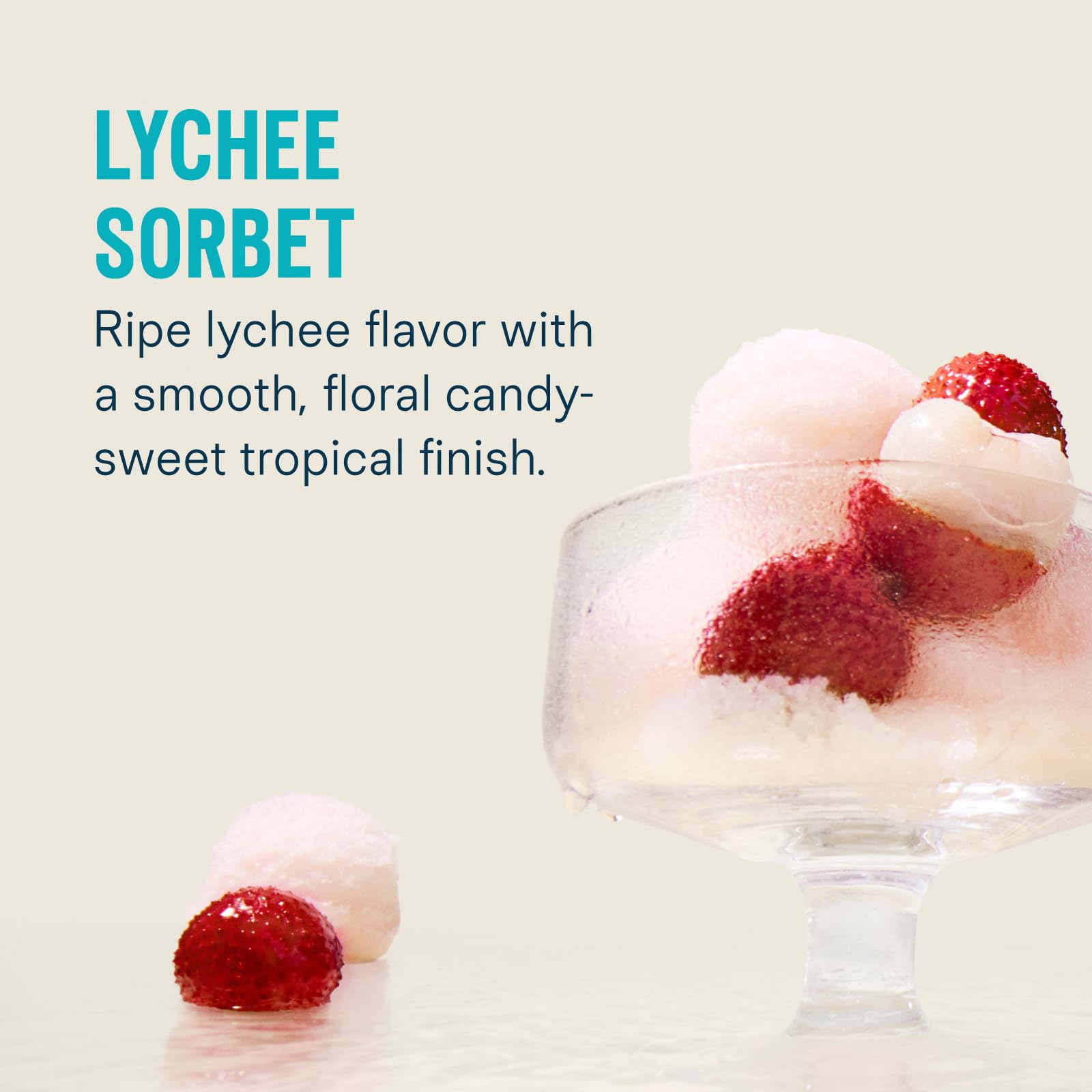 Liquid I.V. sobre individual Lychee Sorbet junto a agua para preparación rápida sin azúcar