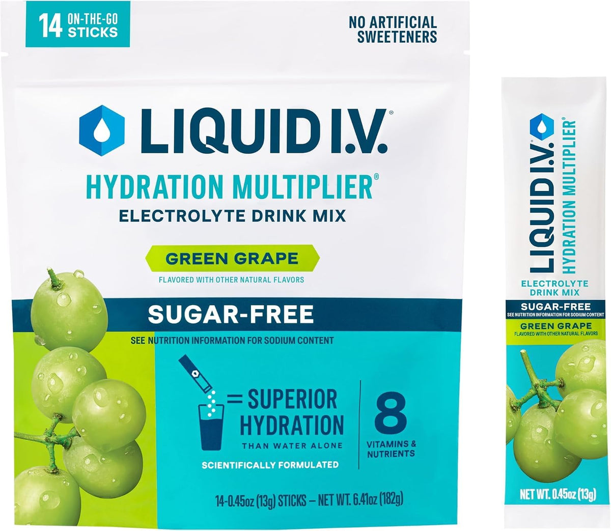 Liquid I.V. frente del empaque mostrando la marca y beneficios portátiles