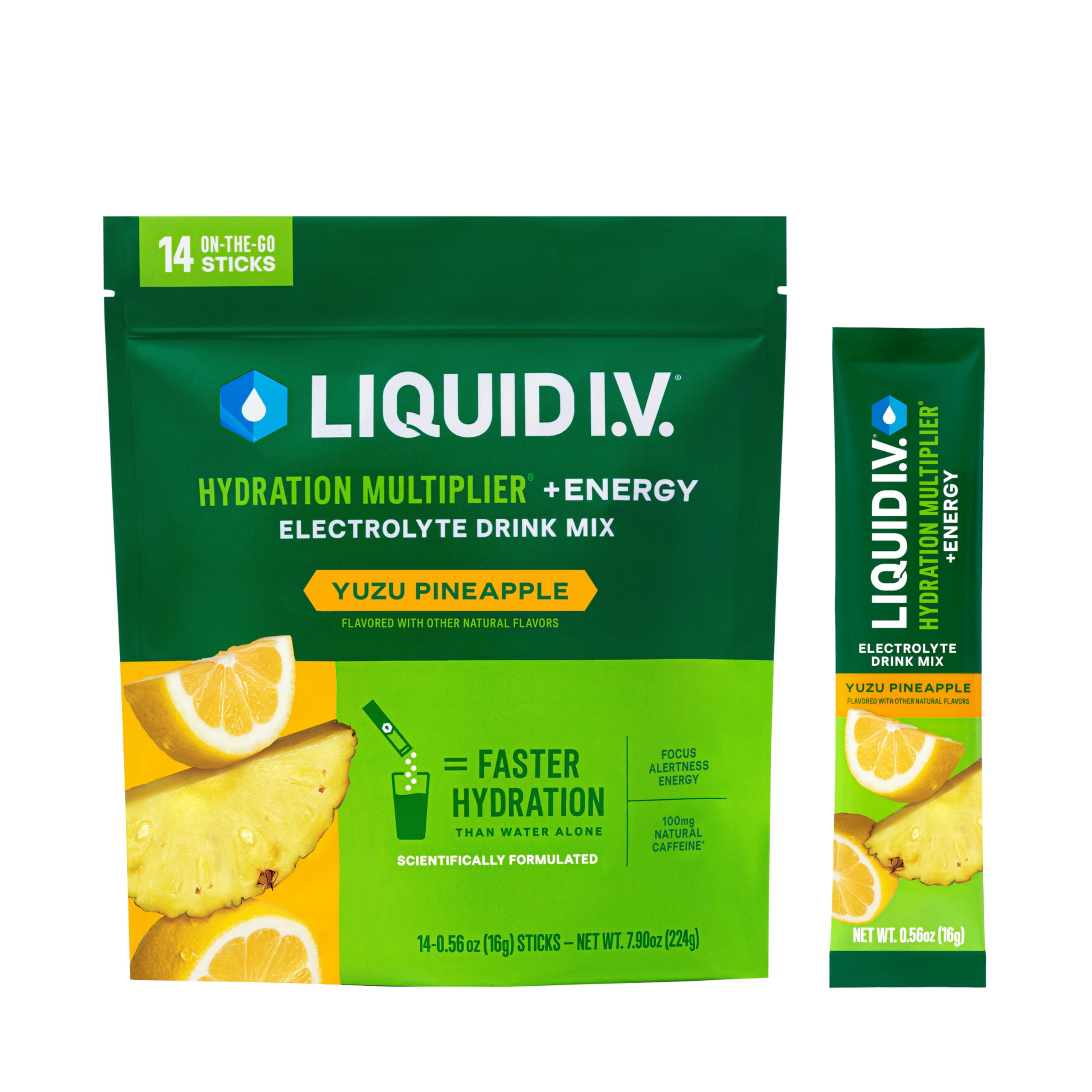 Liquid I.V. frontal caja y sobres mostrando sabor y beneficio de hidratación rápida