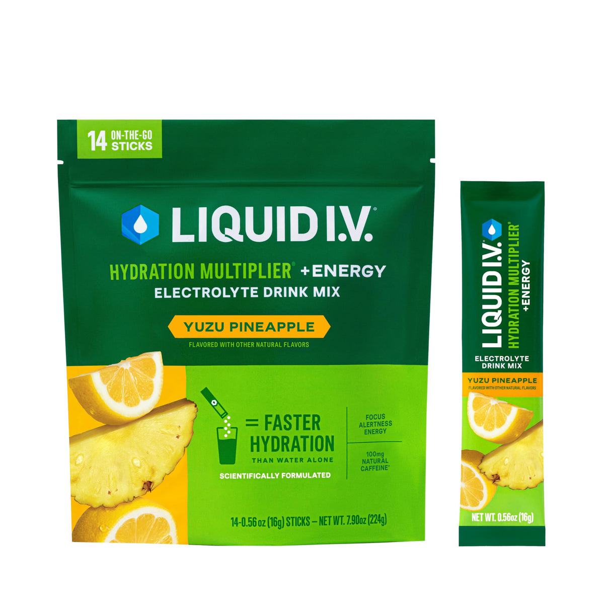 Liquid I.V. frontal caja y sobres mostrando sabor y beneficio de hidratación rápida