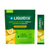 Liquid I.V. frontal caja y sobres mostrando sabor y beneficio de hidratación rápida