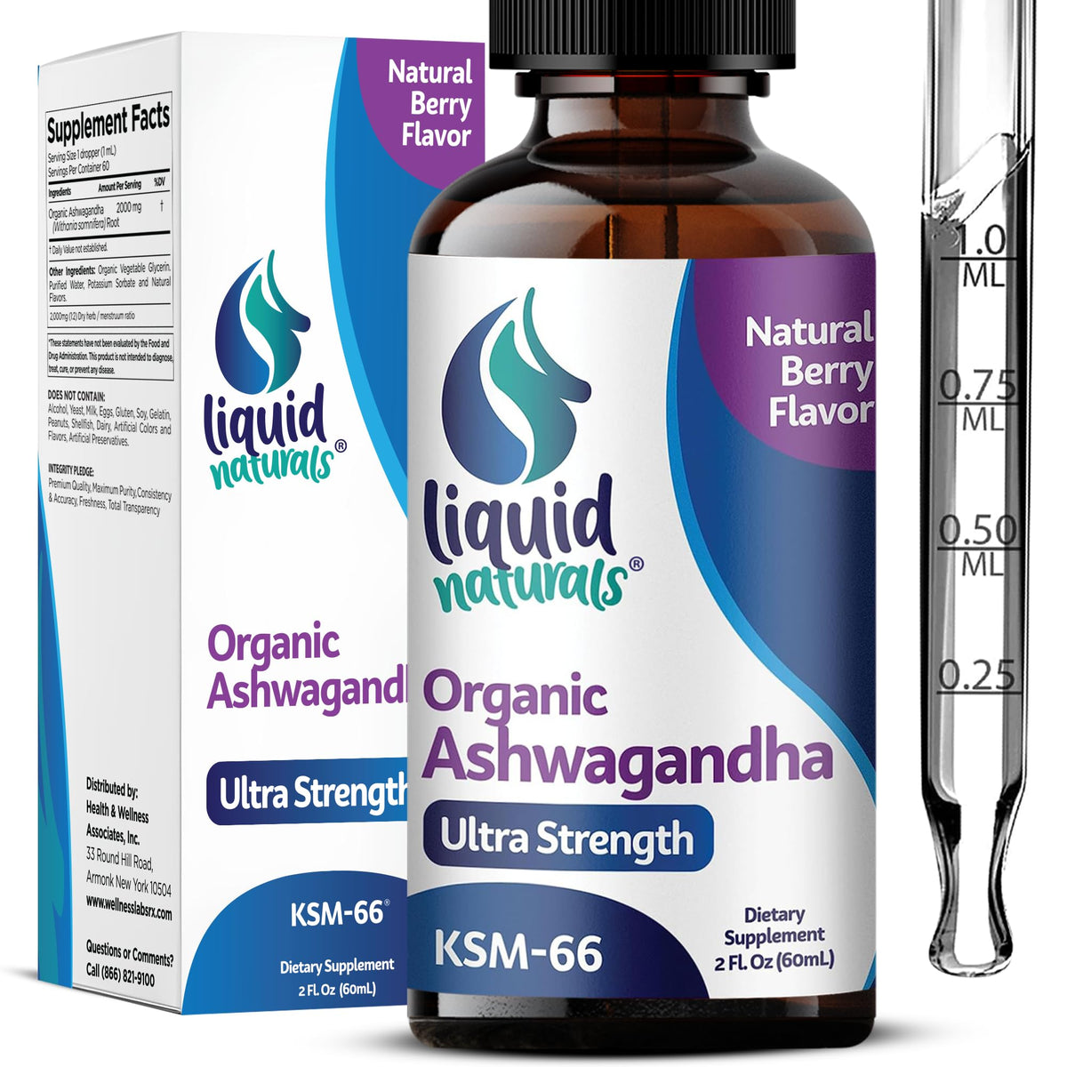 Liquid Naturals frasco frontal con etiqueta clara y beneficio de dosificación sencilla