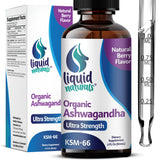Liquid Naturals frasco frontal con etiqueta clara y beneficio de dosificación sencilla