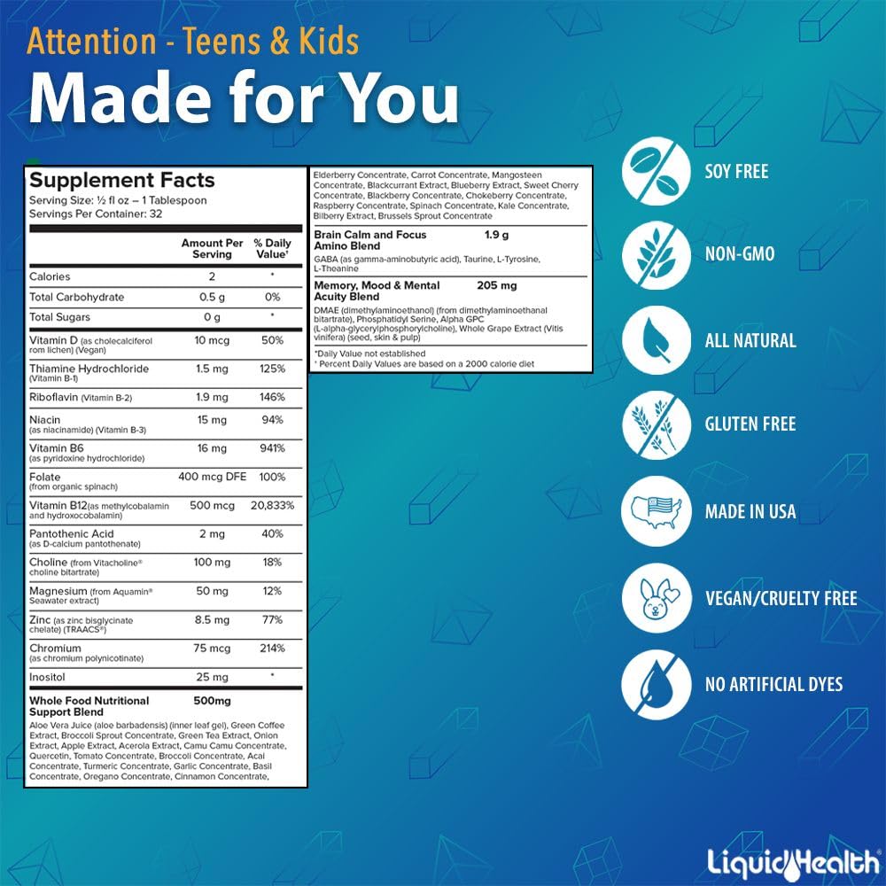 LIQUIDHEALTH etiqueta con lista de ingredientes y beneficios de nutrientes esenciales