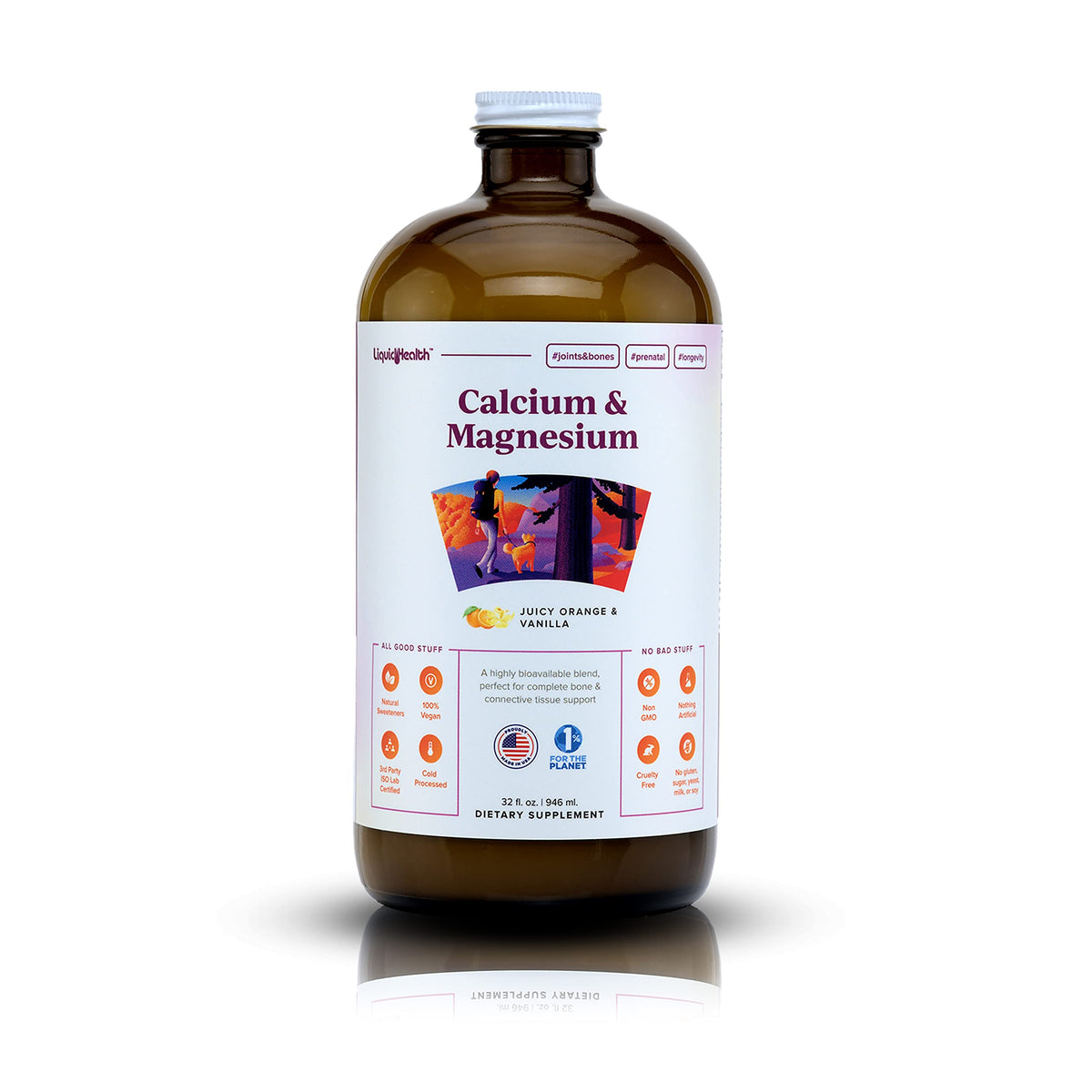 LIQUIDHEALTH botella frontal 32 oz mostrando etiqueta clara y formato vegano beneficios