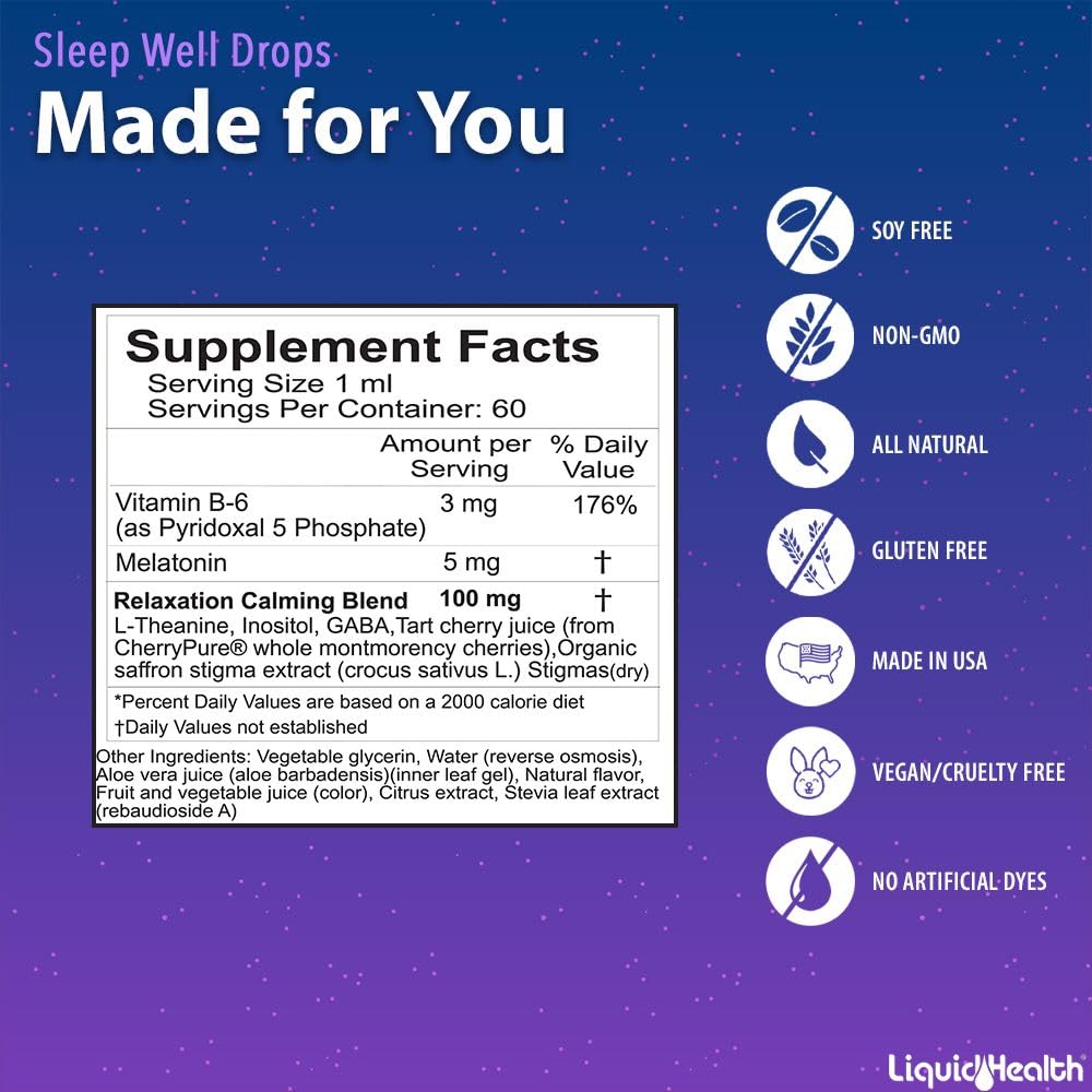 LIQUIDHEALTH etiqueta con ingredientes y beneficios mostrando información de melatonina y L-theanine