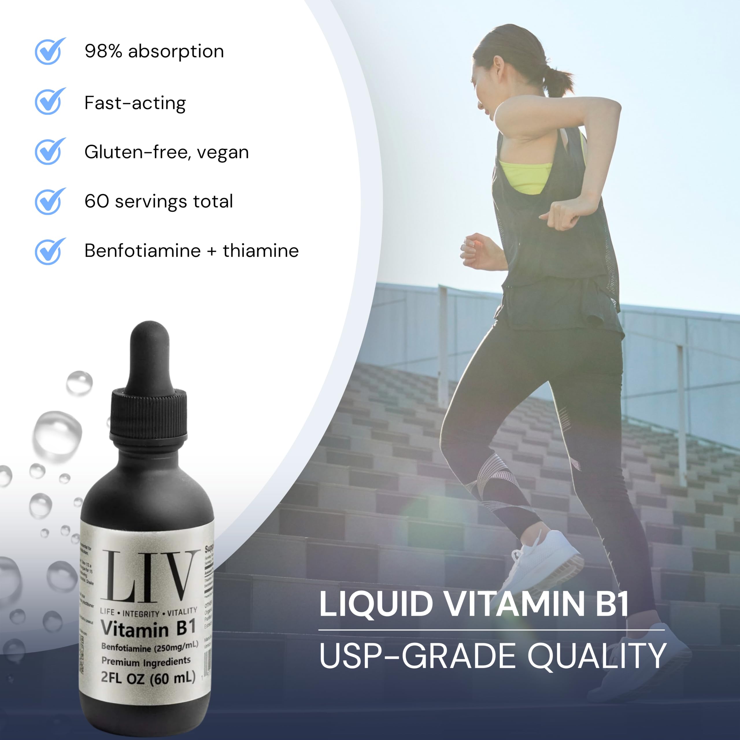LIV Vitamin B1 etiqueta con ingredientes y dosis, transparencia en la fórmula