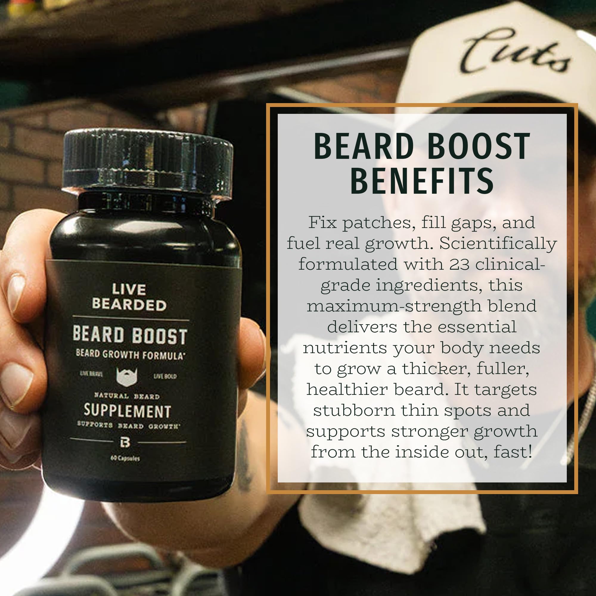Live Bearded hombre usando suplemento con barba visiblemente más densa