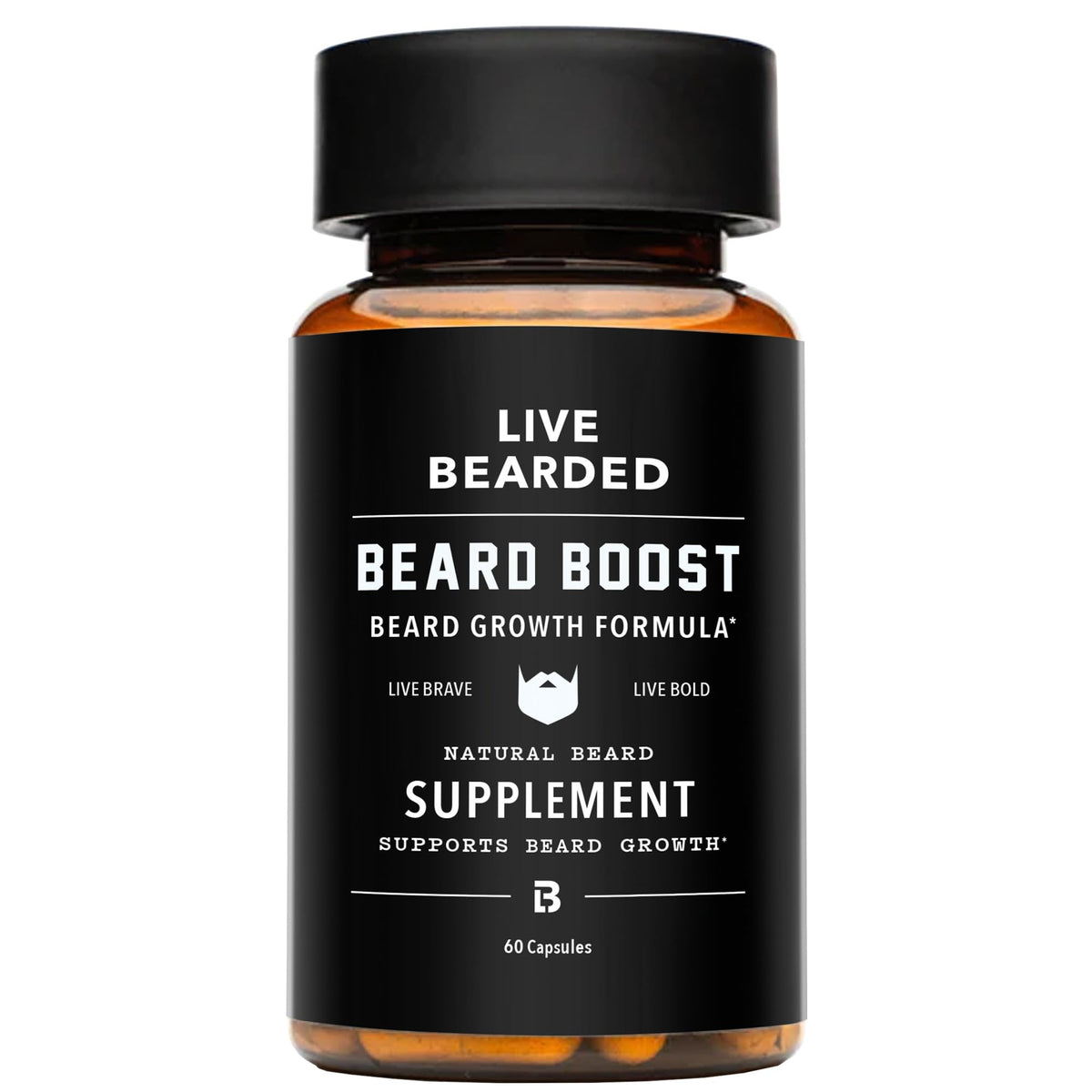 Live Bearded frasco frontal mostrando la presentación y suministro de 30 días