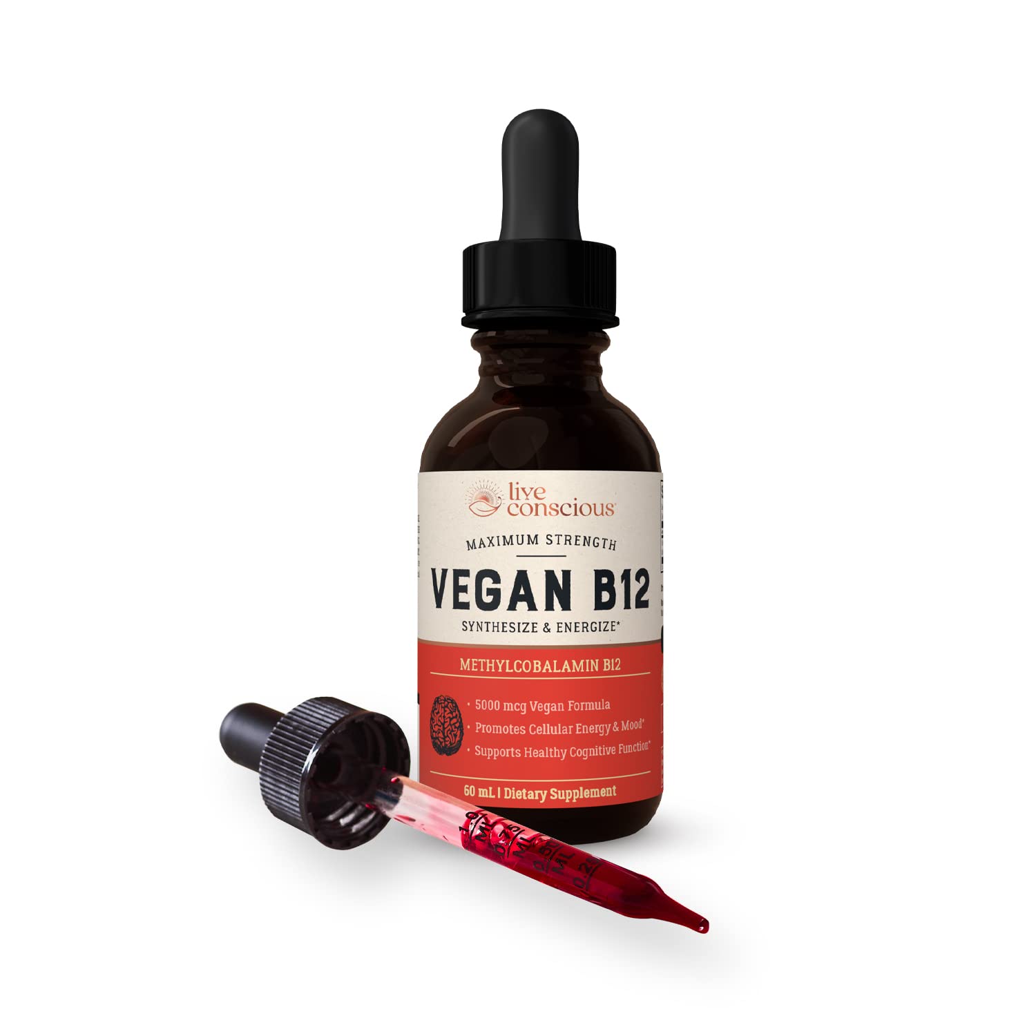 Live Conscious etiqueta con ingredientes y sello vegano visible
