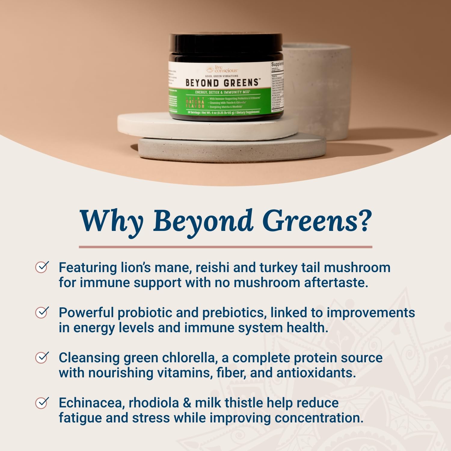 Live Conscious chlorella en cucharada, aporte nutritivo vegetal