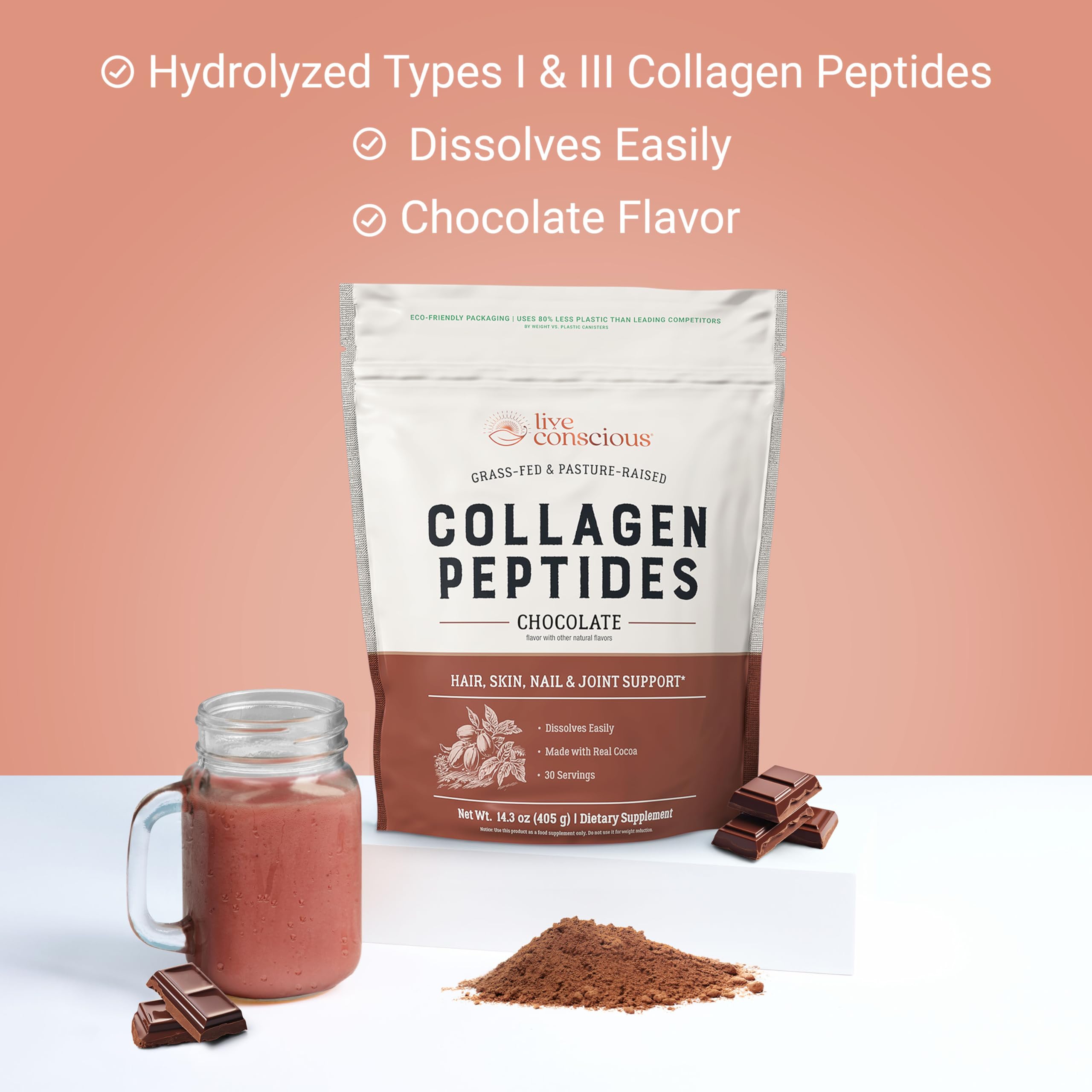 Live Conscious vaso con bebida de colágeno chocolate listo para consumir