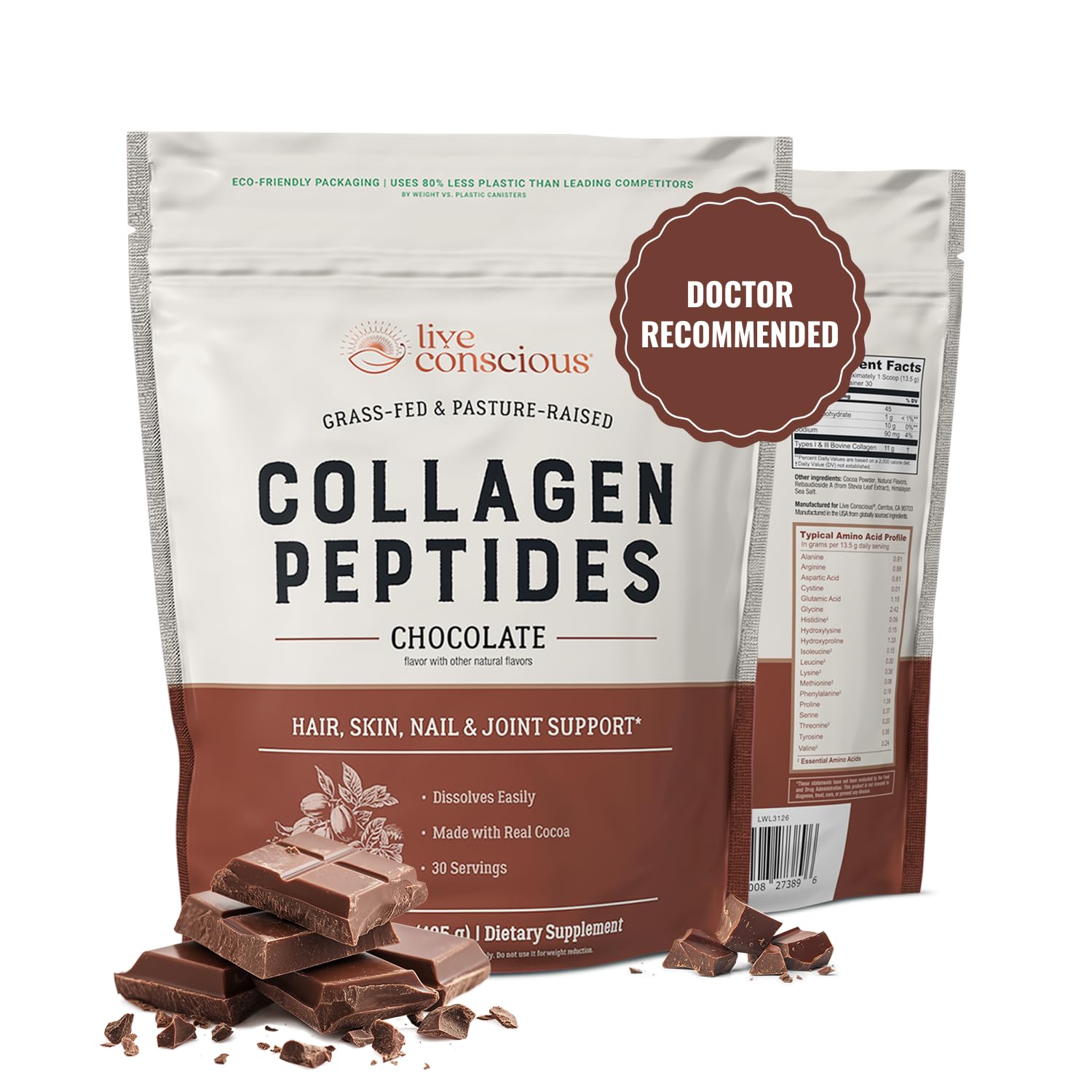 Live Conscious envase frontal de colágeno chocolate mostrando marca y beneficios