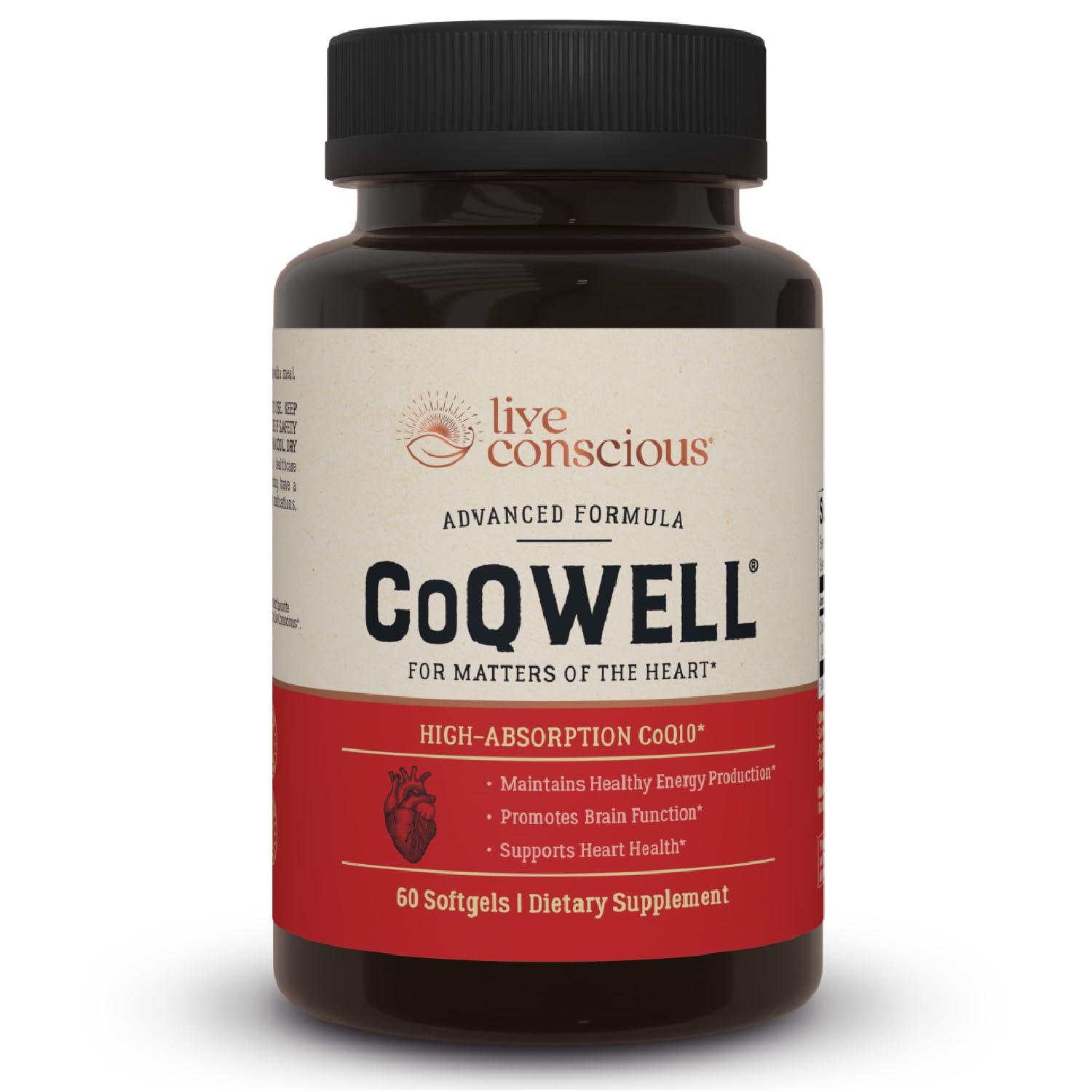 Live Conscious CoQWell envase frontal mostrando 60 cápsulas y beneficio de energía