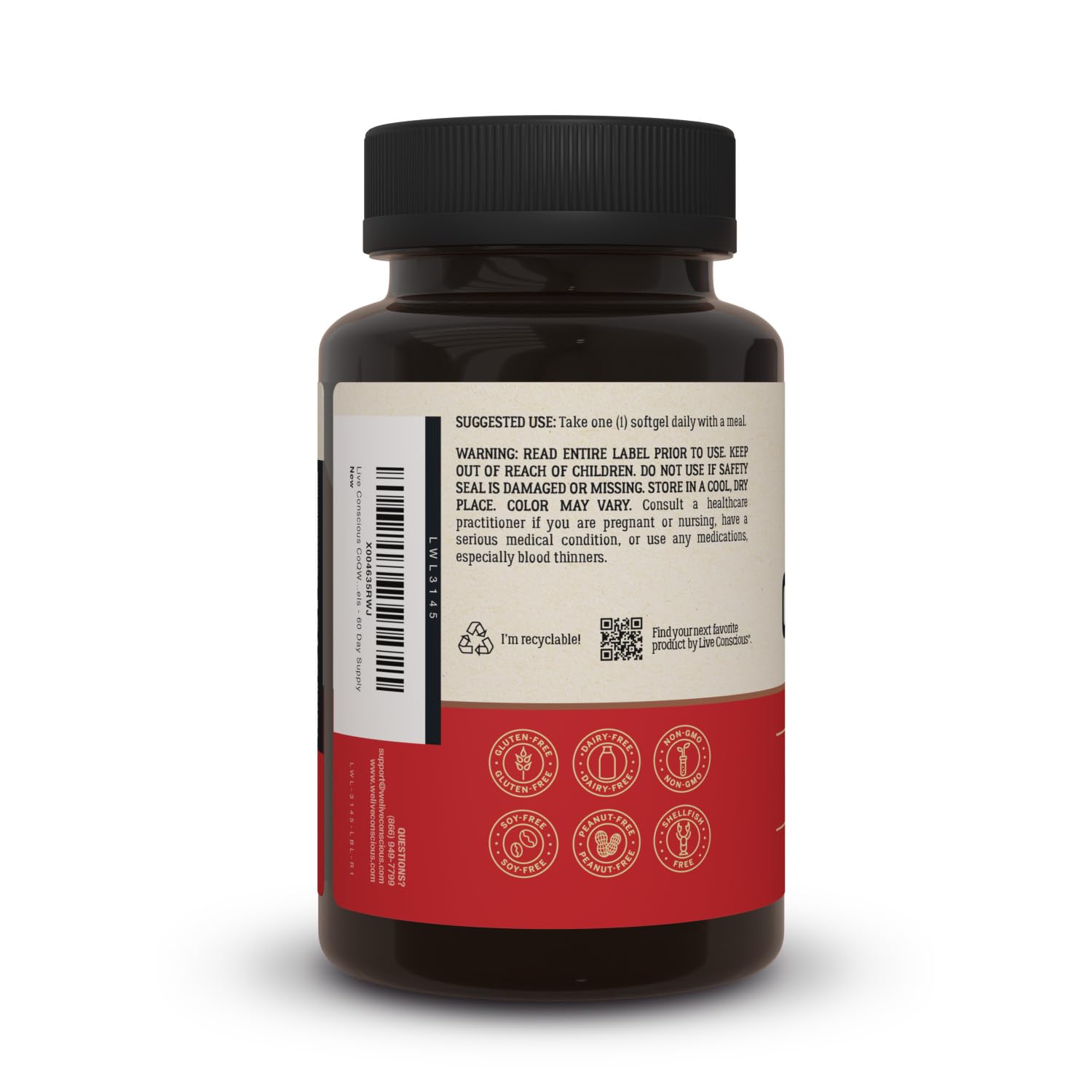 Comparación de tamaño de cápsula Live Conscious CoQWell para fácil ingestión