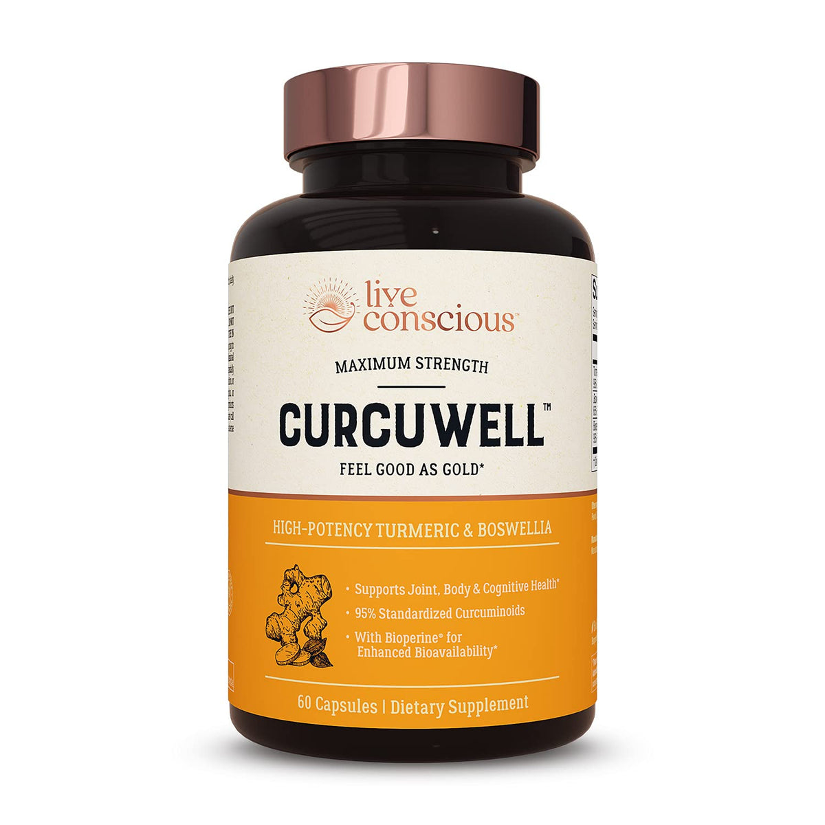 Live Conscious frasco CurcuWell frente mostrando etiqueta y beneficios