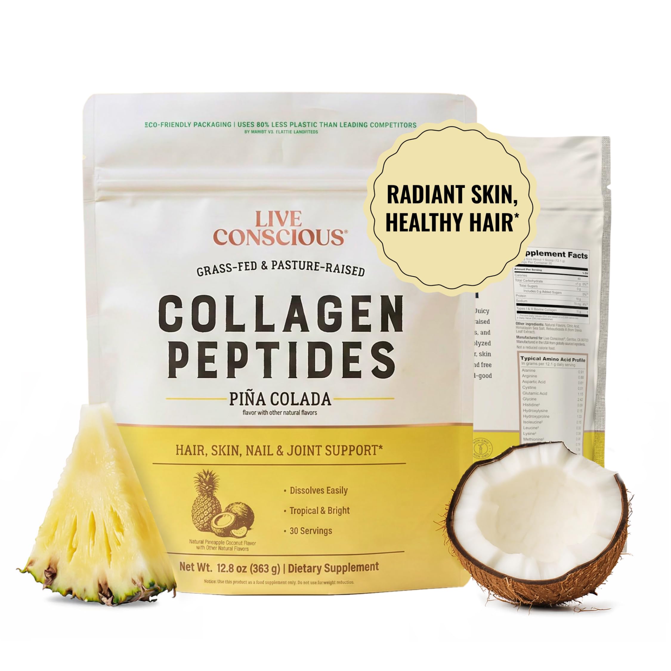 Live Conscious envase frontal con sabor piña colada mostrando la marca y beneficios