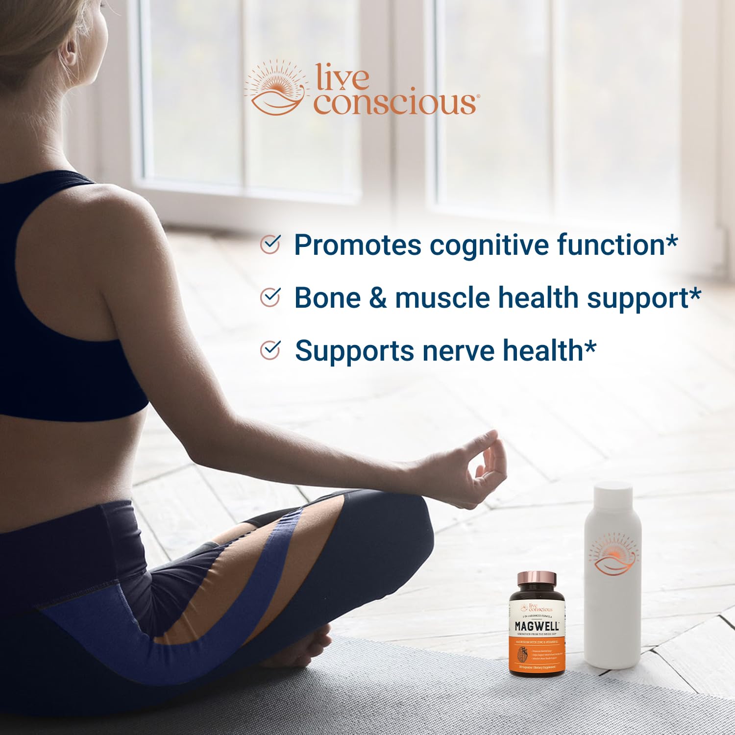 Live Conscious etiqueta con lista de magnesio, zinc y vitamina D3