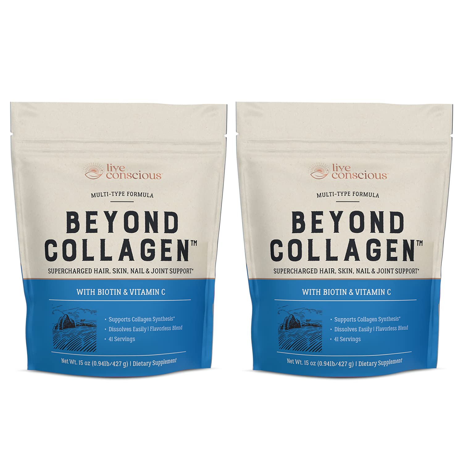 Live Conscious vista frontal del envase Beyond Collagen mostrando etiqueta y beneficios