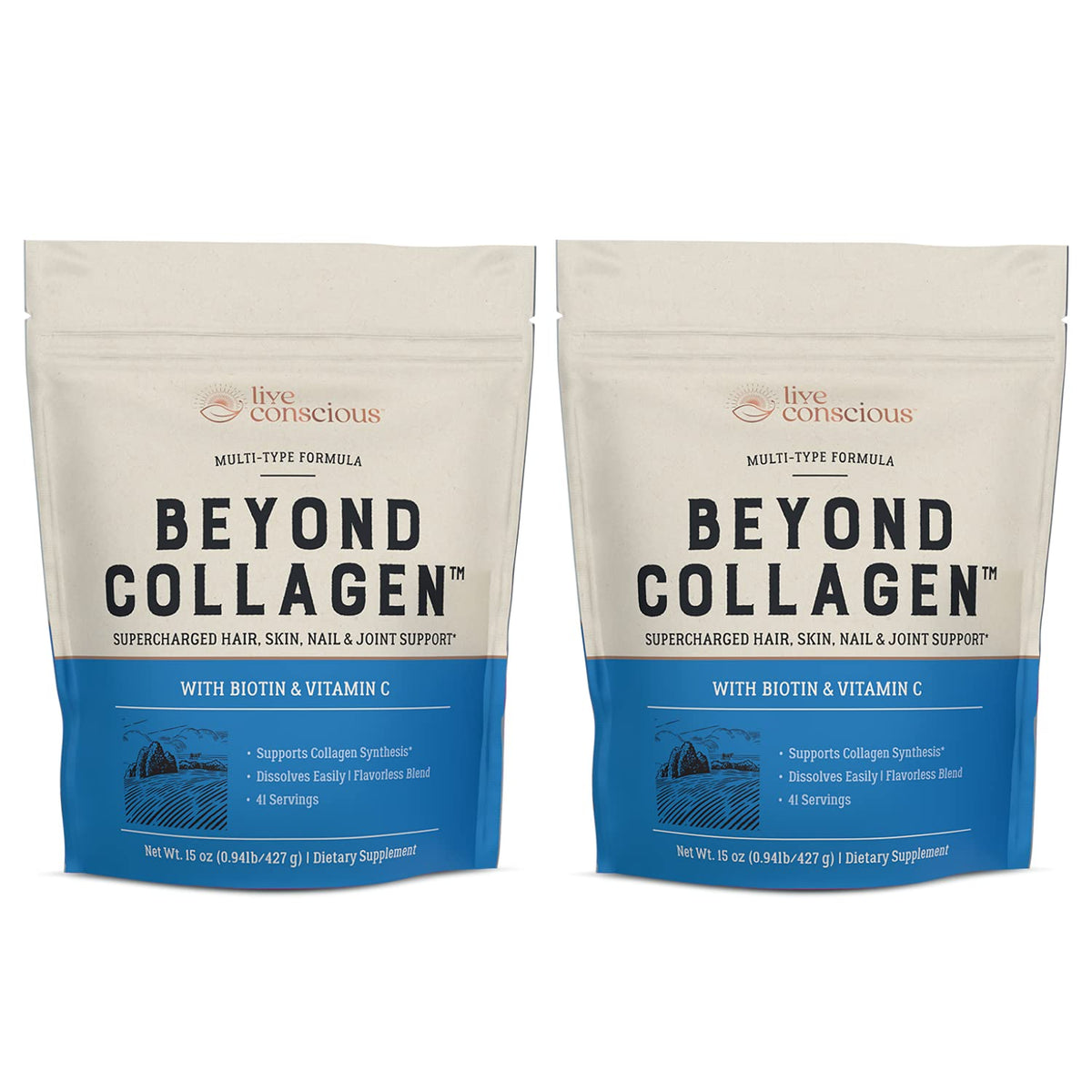 Live Conscious vista frontal del envase Beyond Collagen mostrando etiqueta y beneficios