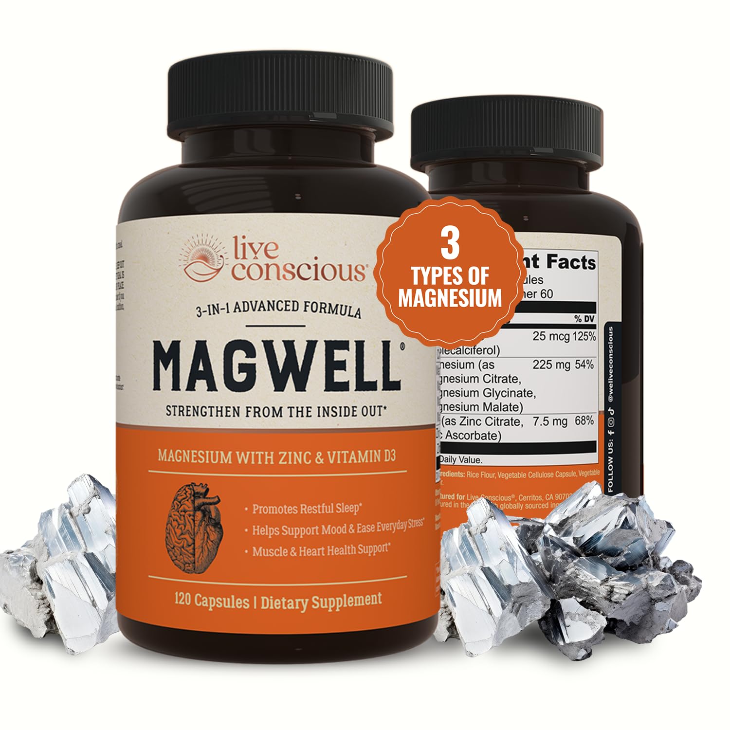 Live Conscious envase frontal de Magwell mostrando la marca y beneficio general