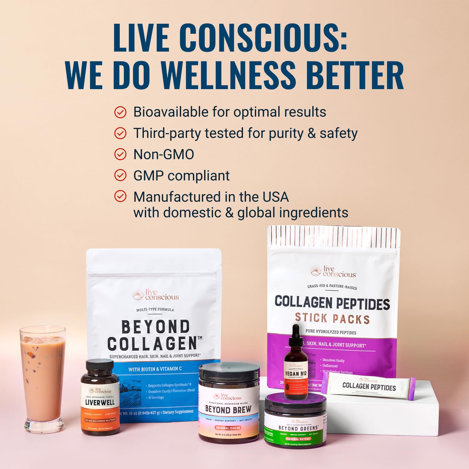 Live Conscious ingredientes naturales y símbolos sin gluten ni lactosa visibles