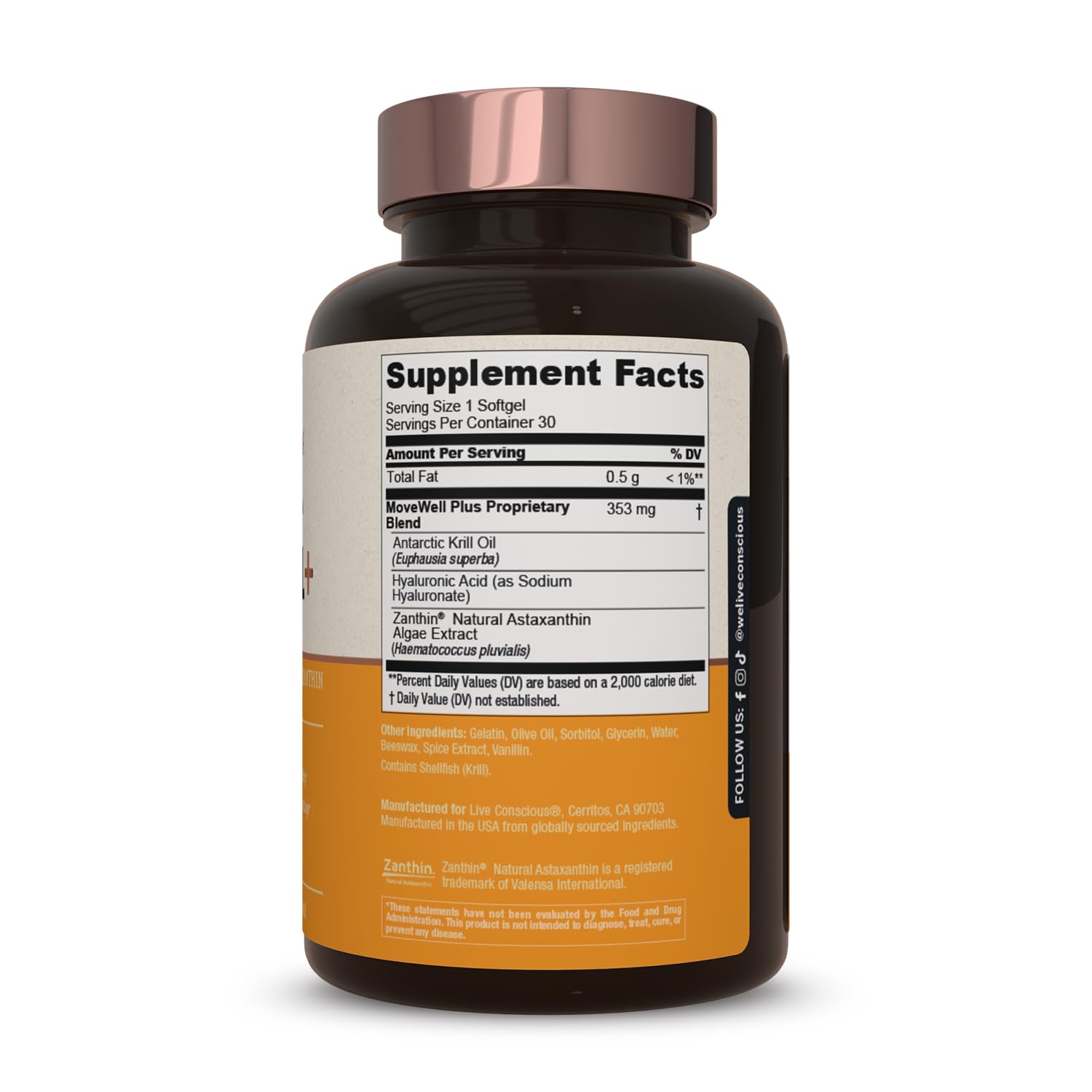 Live Conscious gota de aceite de krill resaltando omega-3 y pureza