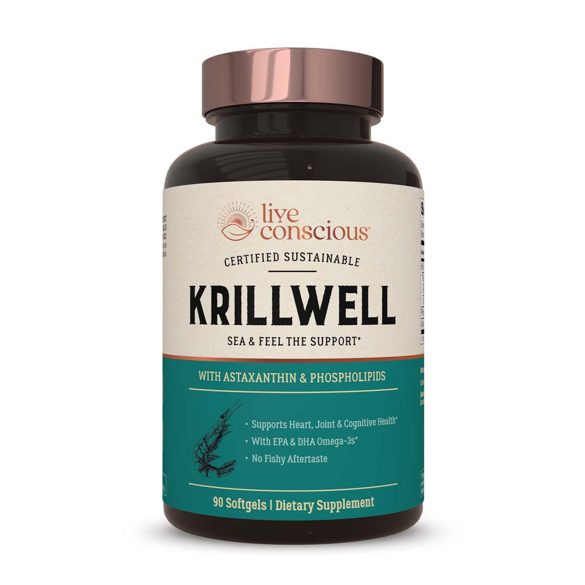 Live Conscious KrillWell frontal del envase mostrando garantía sostenible