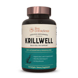 Live Conscious KrillWell frontal del envase mostrando garantía sostenible