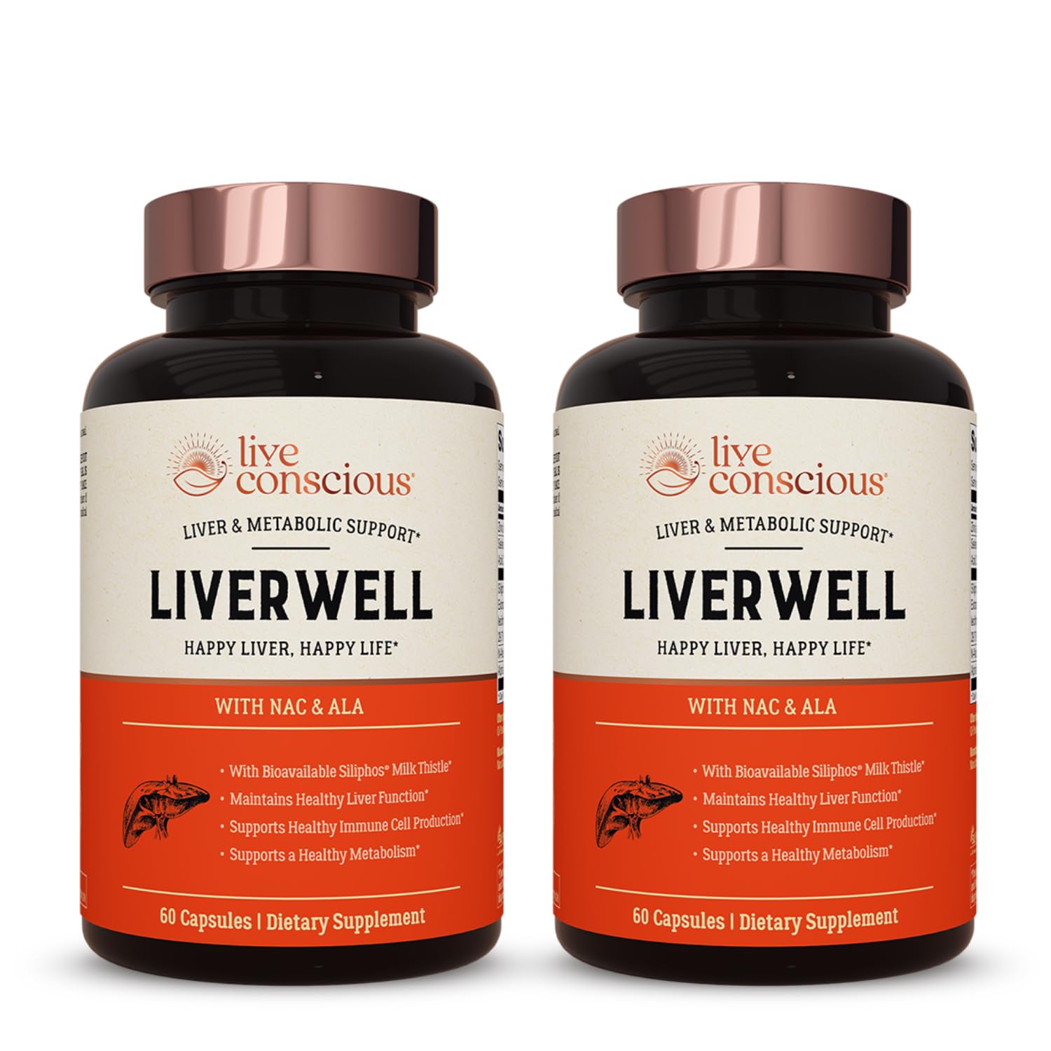 Live Conscious frasco frontal de LiverWell mostrando el envase y beneficios claros