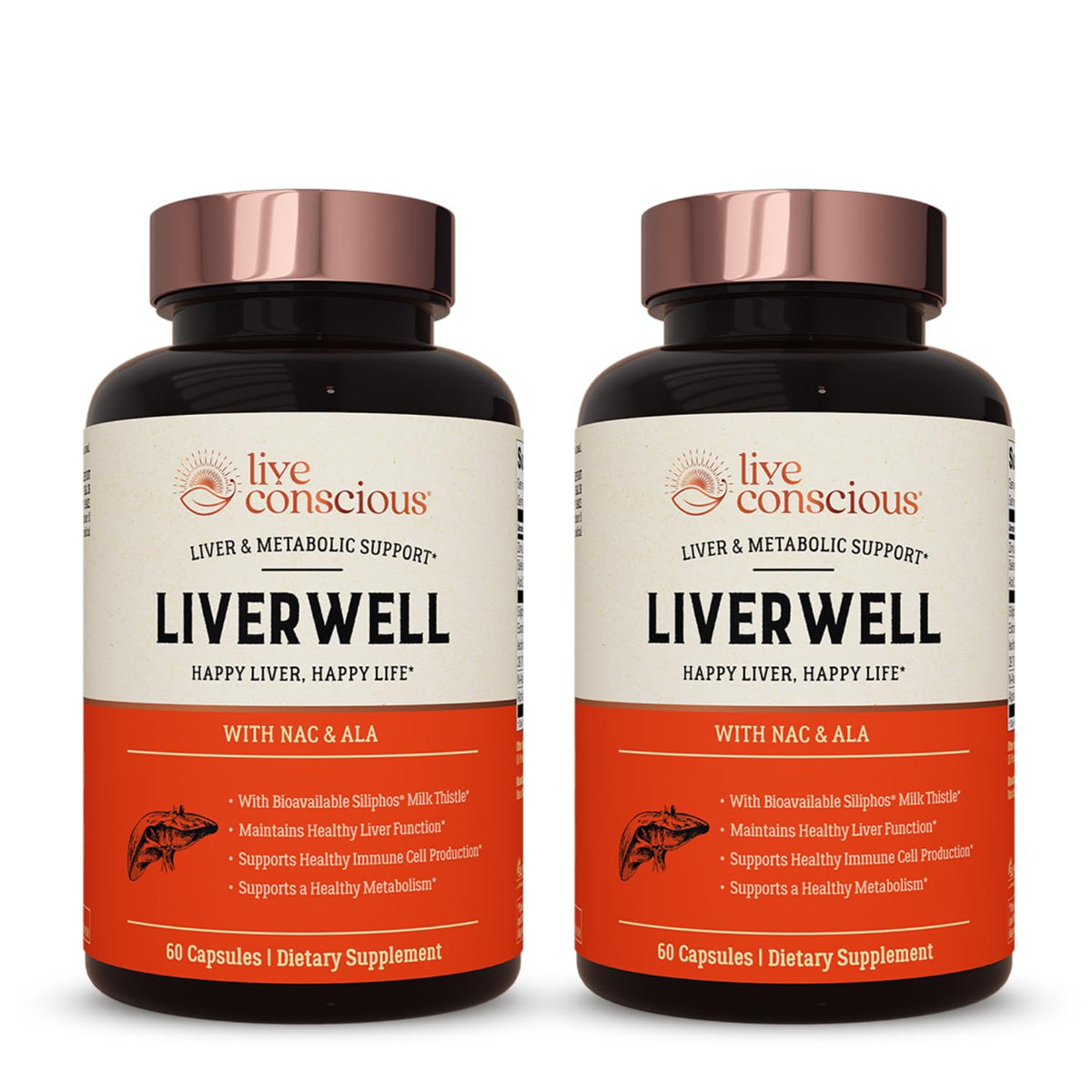 Live Conscious frasco frontal de LiverWell mostrando el envase y beneficios claros