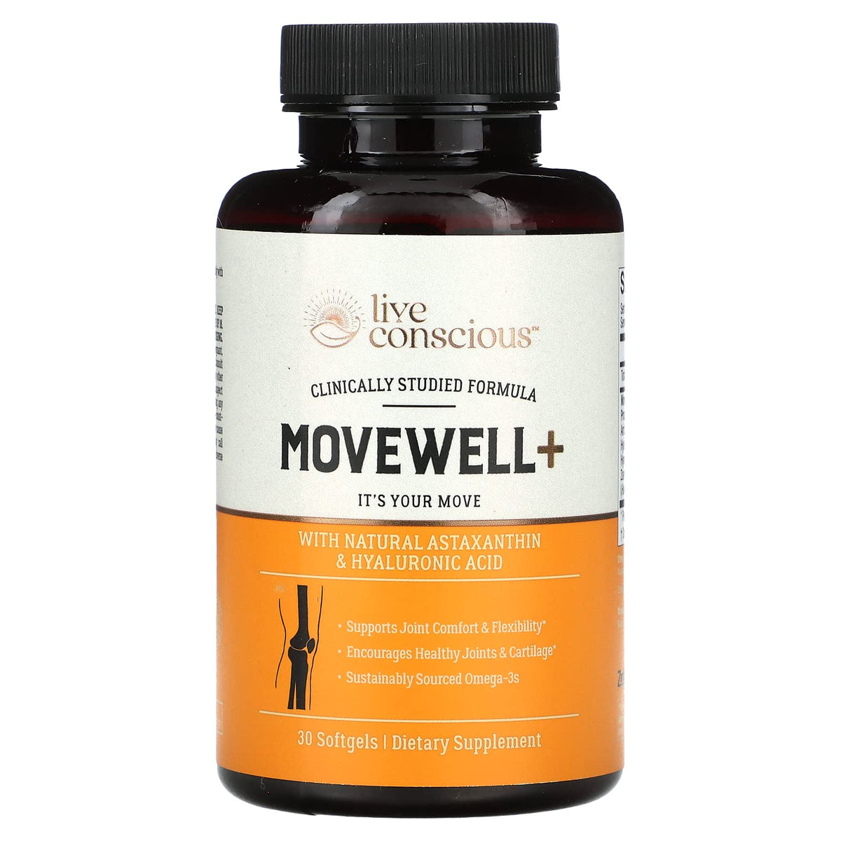Live Conscious MoveWell Plus frasco frontal mostrando etiqueta y beneficios visibles